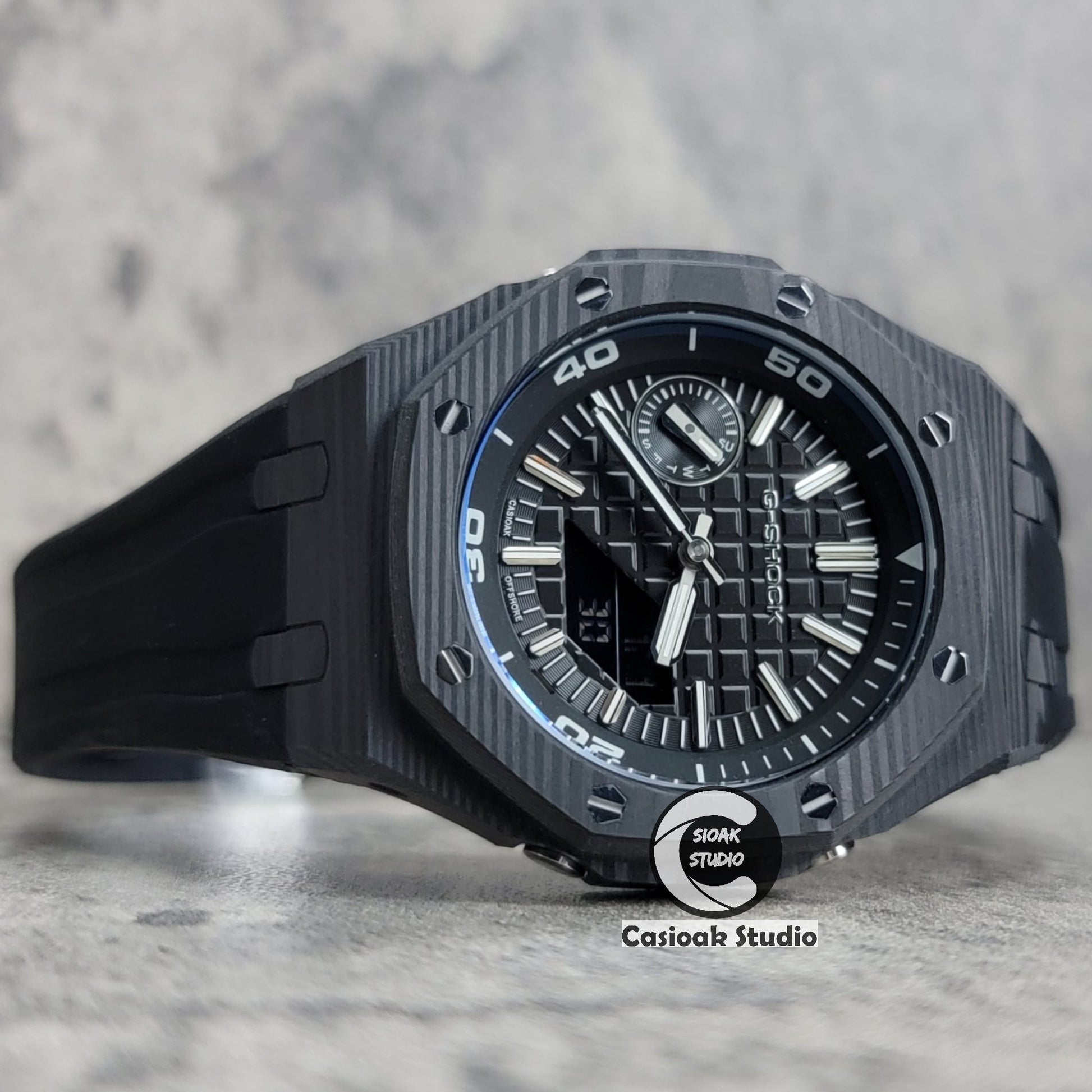 Casioak Mod Watch NEW Carbon Fiber Black Case Black Strap Black Silve Time Mark Black Dial 44mm- Casioak Mod Casio G-Shock Royal Oak Custom Mens Luxury Watches Ga2100