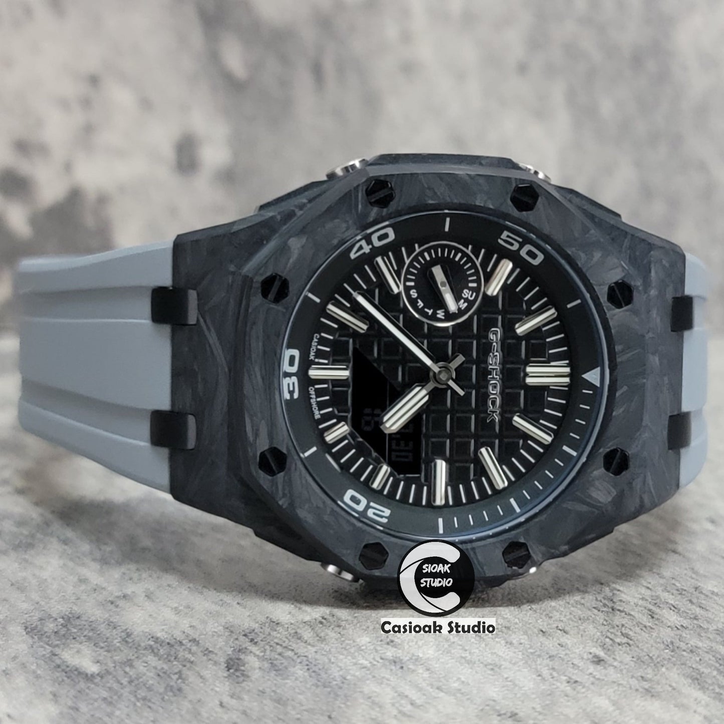 Casioak Mod Watch NEW Carbon Fiber Offshore Superior Black Case Gray Strap Black Silver Time Mark Black Dial 44mm Sapphire Glass- Casioak Mod Casio G-Shock Royal Oak Custom Mens Luxury Watches Ga2100