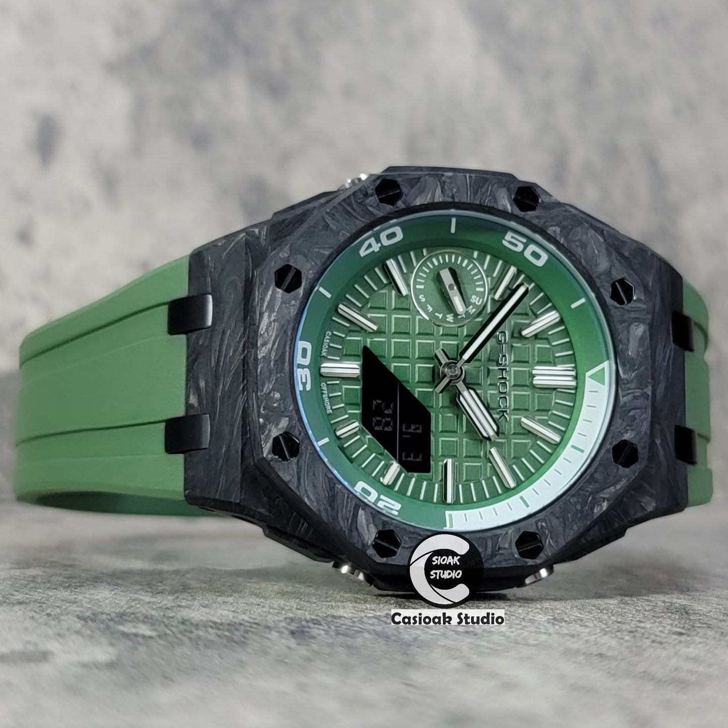 Casioak Mod Watch NEW Carbon Fiber Offshore Superior Black Case Green Strap Green Silver Time Mark Green Dial 44mm- Casioak Mod Casio G-Shock Royal Oak Custom Mens Luxury Watches Ga2100