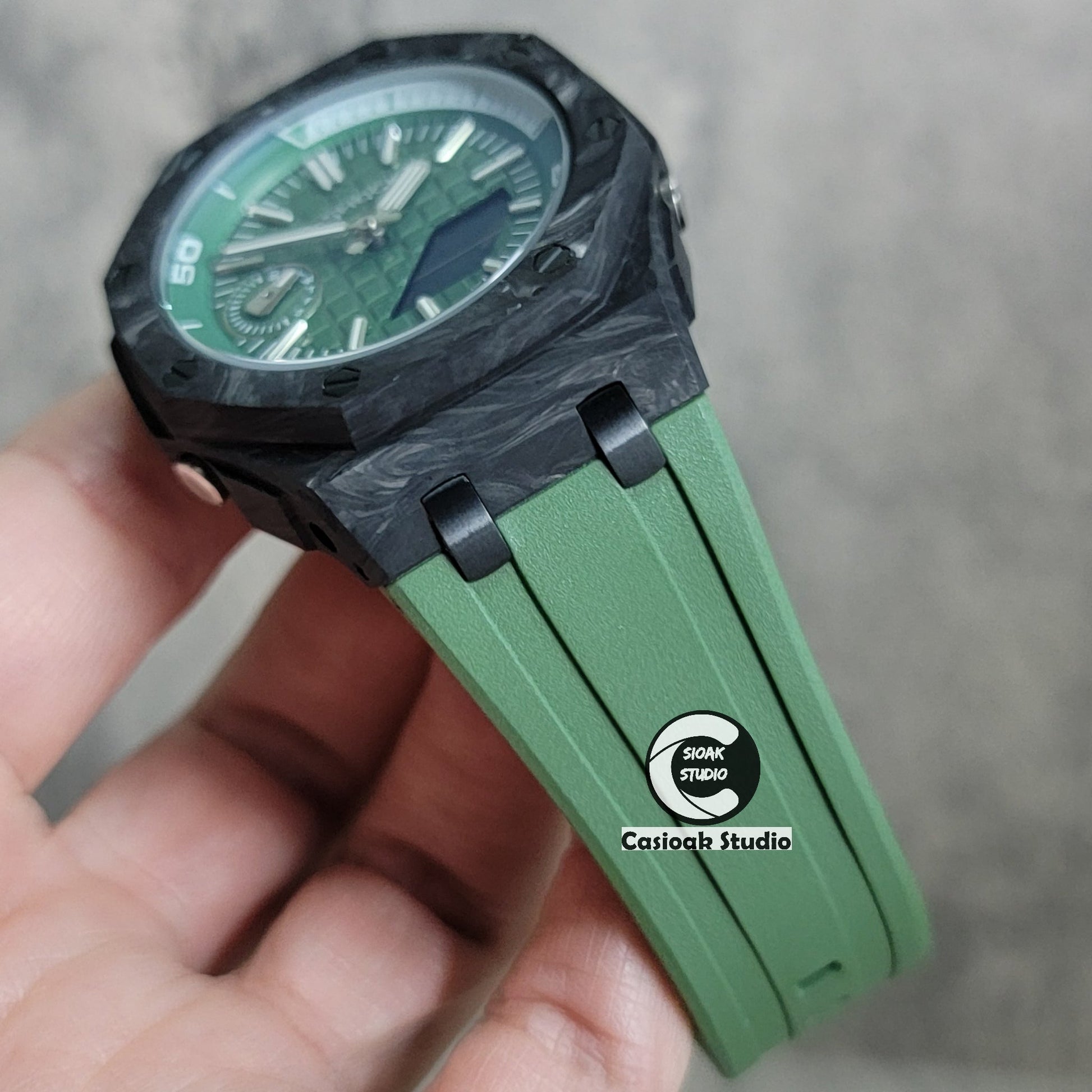 Casioak Mod Watch NEW Carbon Fiber Offshore Superior Black Case Green Strap Green Silver Time Mark Green Dial 44mm- Casioak Mod Casio G-Shock Royal Oak Custom Mens Luxury Watches Ga2100