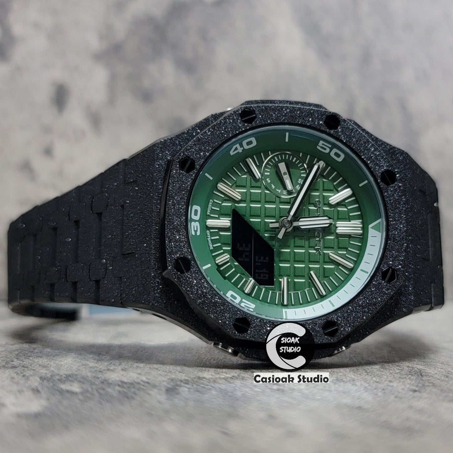 Casioak Mod Watch NEW Frosted Black Case Metal Strap Green Time Mark Green Waffle Dial 44mm Sapphire Glass- Casioak Mod Casio G-Shock Royal Oak Custom Mens Luxury Watches Ga2100