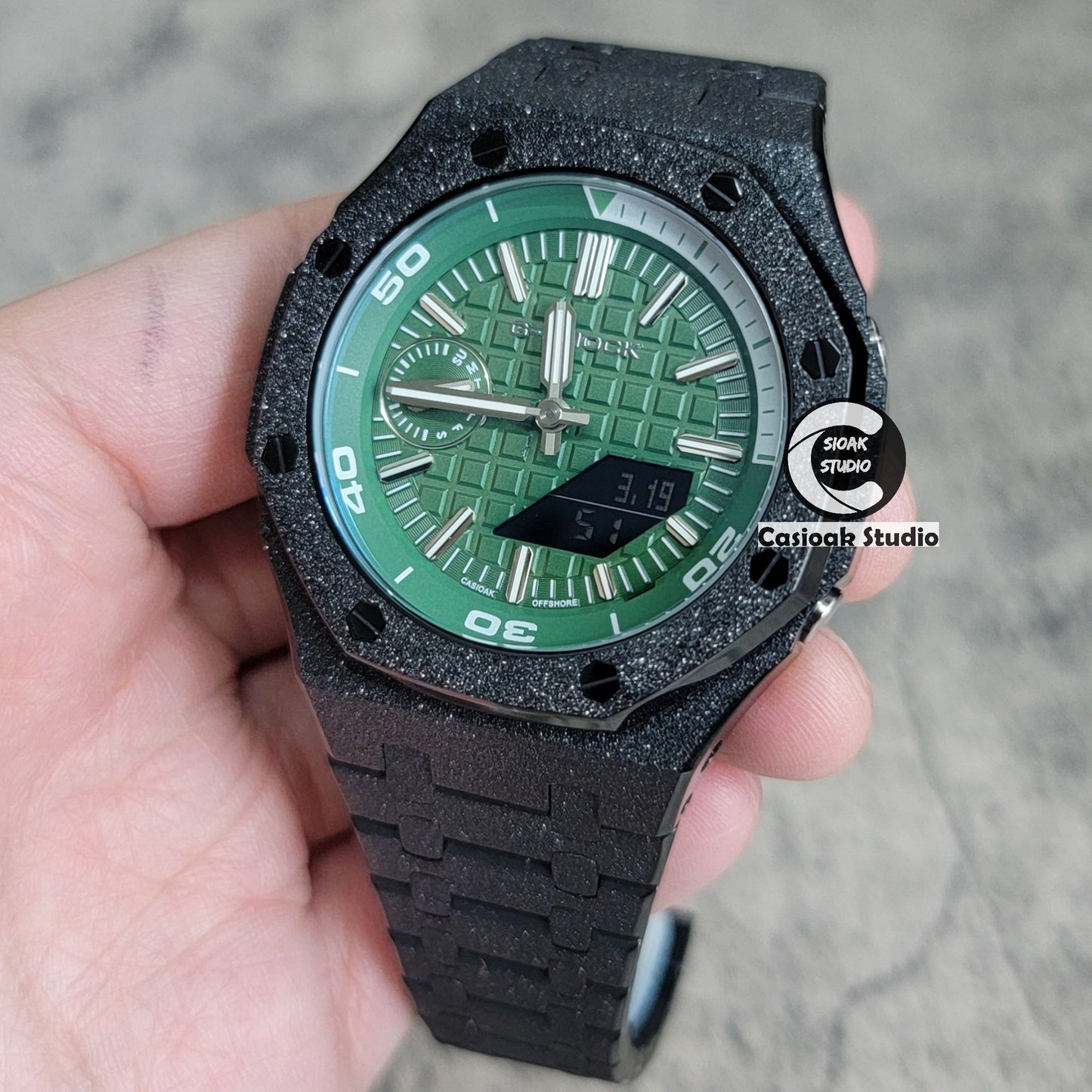 Casioak Mod Watch NEW Frosted Black Case Metal Strap Green Time Mark Green Waffle Dial 44mm Sapphire Glass- Casioak Mod Casio G-Shock Royal Oak Custom Mens Luxury Watches Ga2100