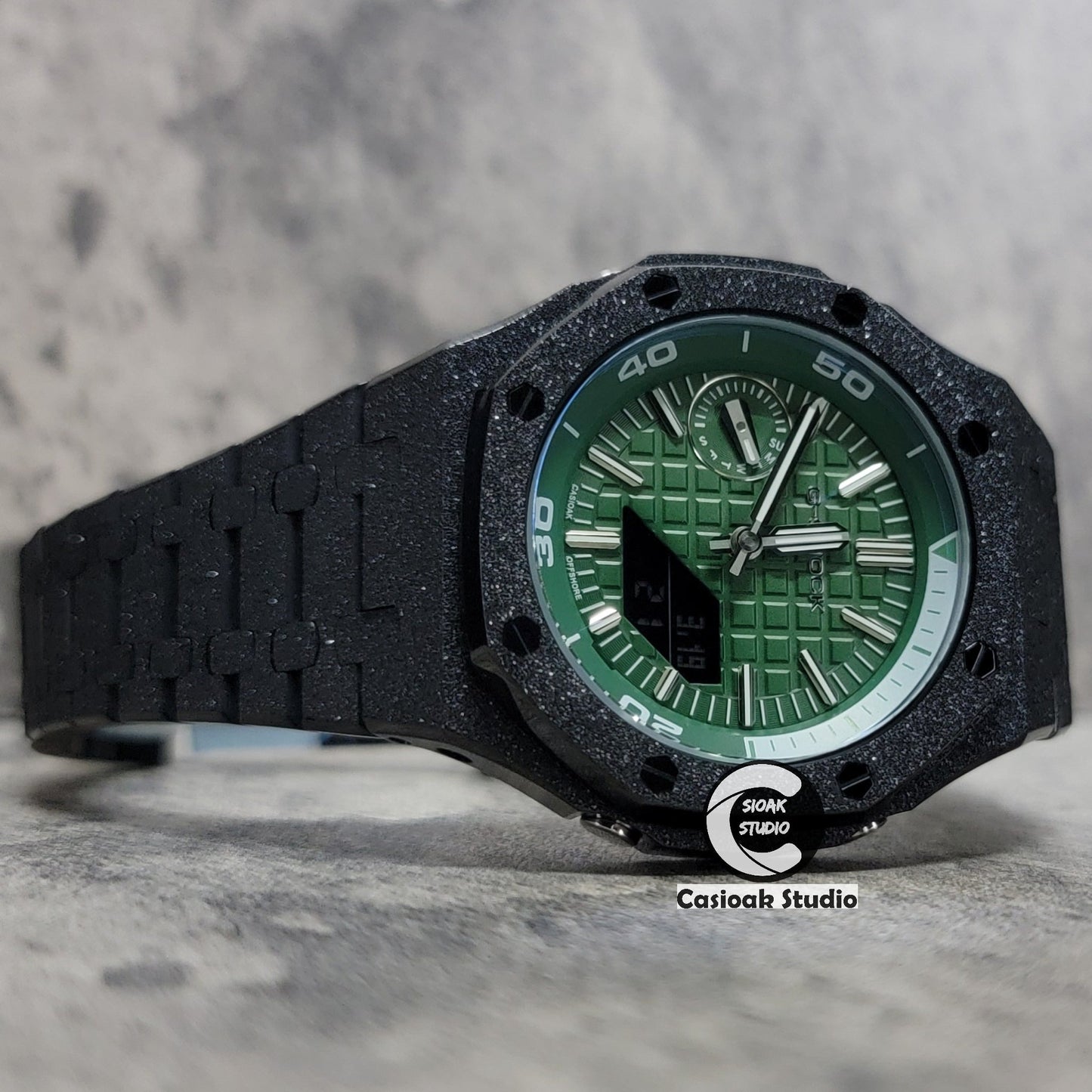 Casioak Mod Watch NEW Frosted Black Case Metal Strap Green Time Mark Green Waffle Dial 44mm Sapphire Glass- Casioak Mod Casio G-Shock Royal Oak Custom Mens Luxury Watches Ga2100