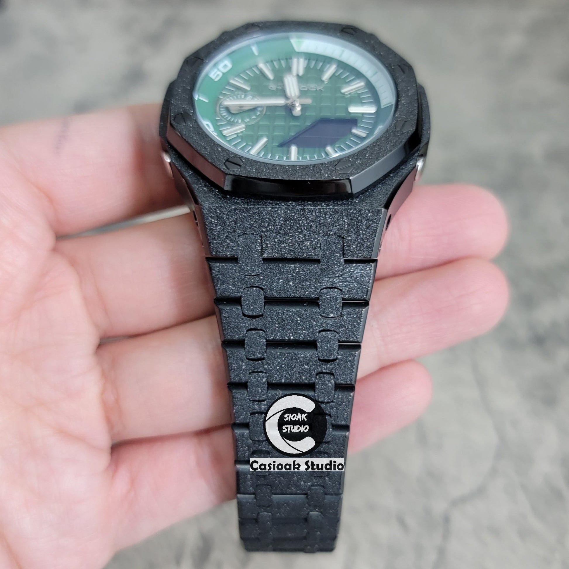 Casioak Mod Watch NEW Frosted Black Case Metal Strap Green Time Mark Green Waffle Dial 44mm Sapphire Glass- Casioak Mod Casio G-Shock Royal Oak Custom Mens Luxury Watches Ga2100