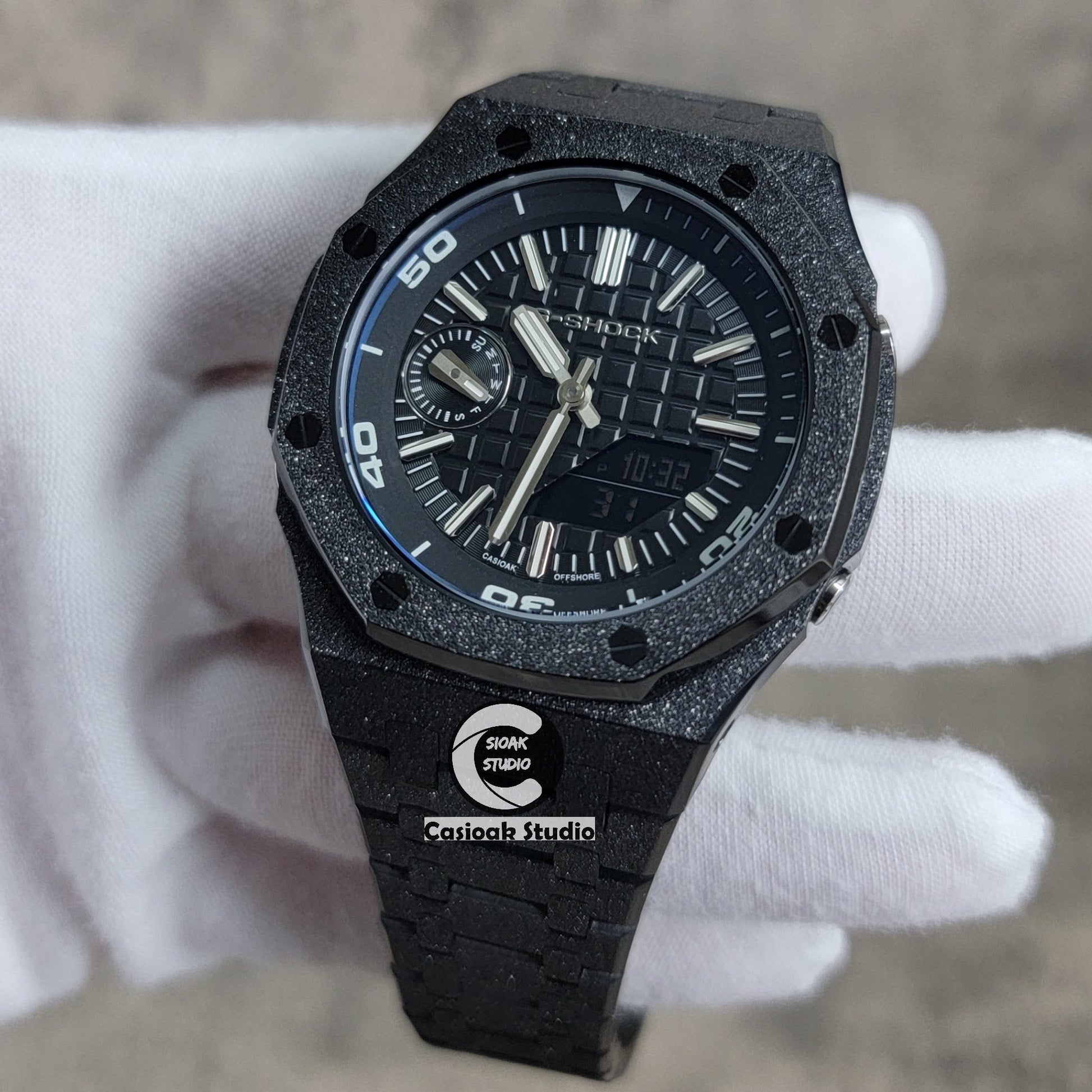 Casioak Mod Watch NEW Frosted Black Case Metal Strap Silver Time Mark White Dial 44mm Sapphire Glass- Casioak Mod Casio G-Shock Royal Oak Custom Mens Luxury Watches Ga2100