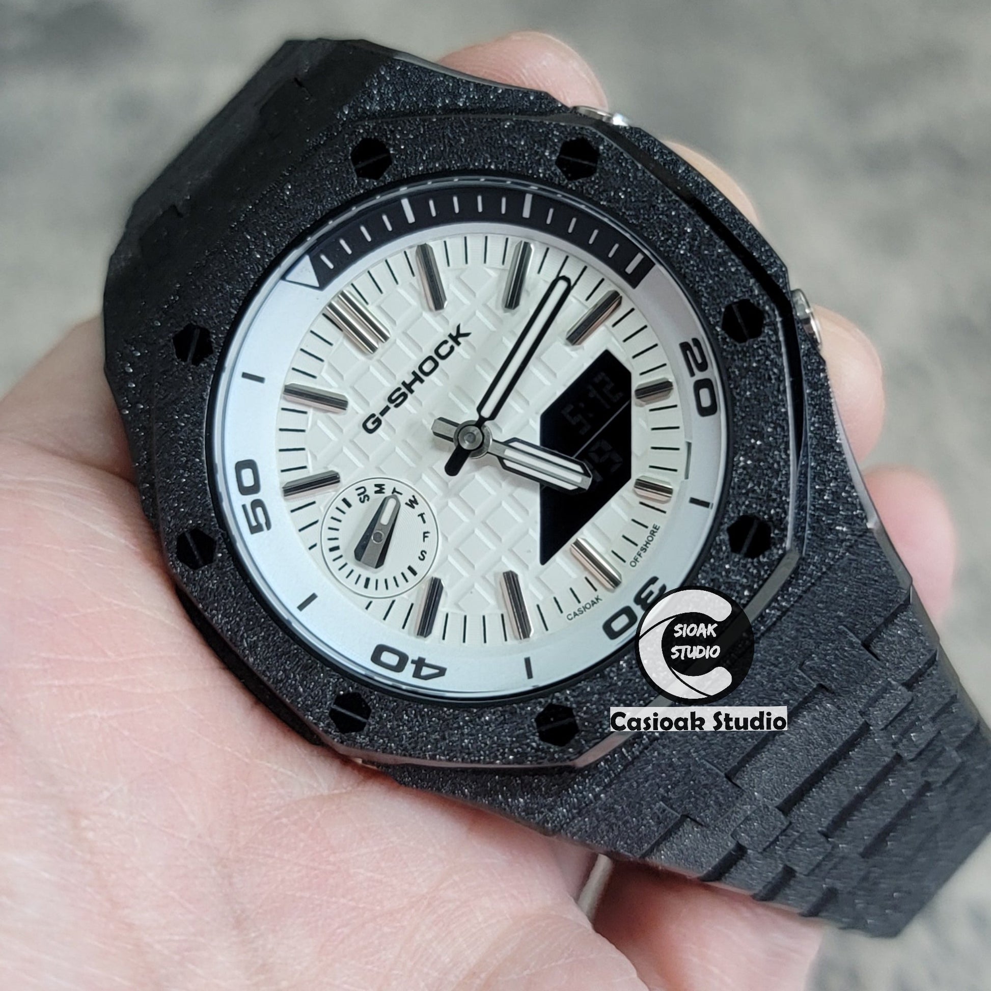 Casioak Mod Watch NEW Frosted Black Case Metal Strap Silver Time Mark White Dial 44mm Sapphire Glass- Casioak Mod Casio G-Shock Royal Oak Custom Mens Luxury Watches Ga2100