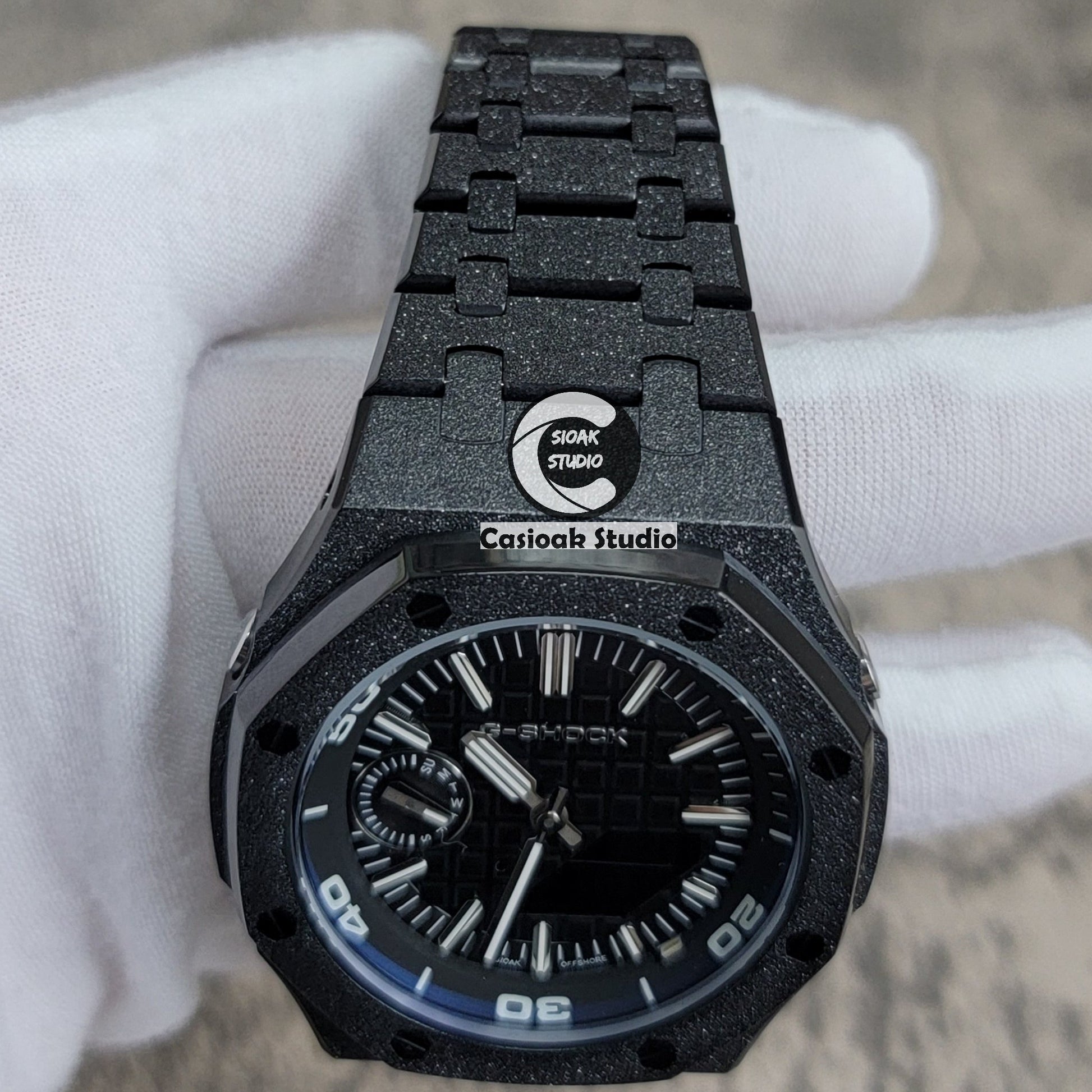 Casioak Mod Watch NEW Frosted Black Case Metal Strap Silver Time Mark White Dial 44mm Sapphire Glass- Casioak Mod Casio G-Shock Royal Oak Custom Mens Luxury Watches Ga2100