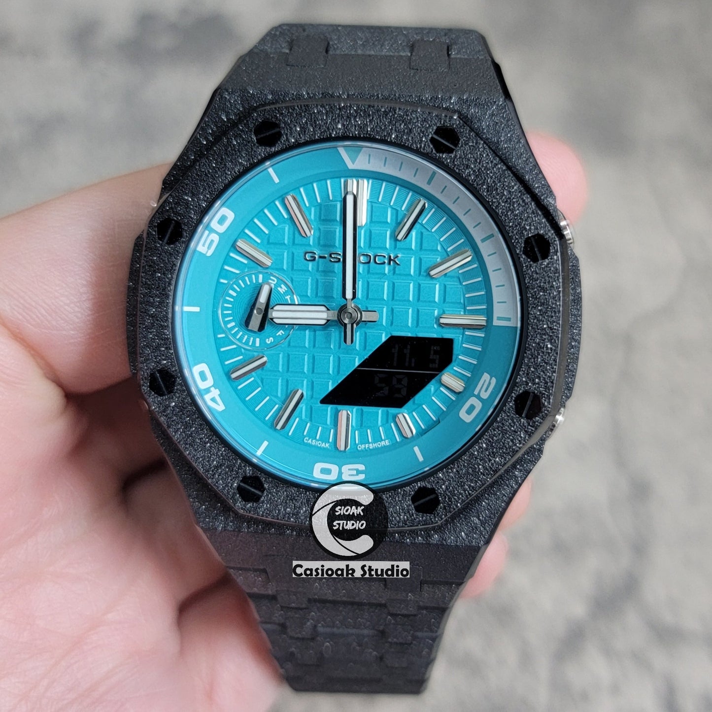 Casioak Mod Watch NEW Frosted Black Case Metal Strap Tiff Silver Time Mark Tiff Blue Dial 44mm Sapphire Glass- Casioak Mod Casio G-Shock Royal Oak Custom Mens Luxury Watches Ga2100