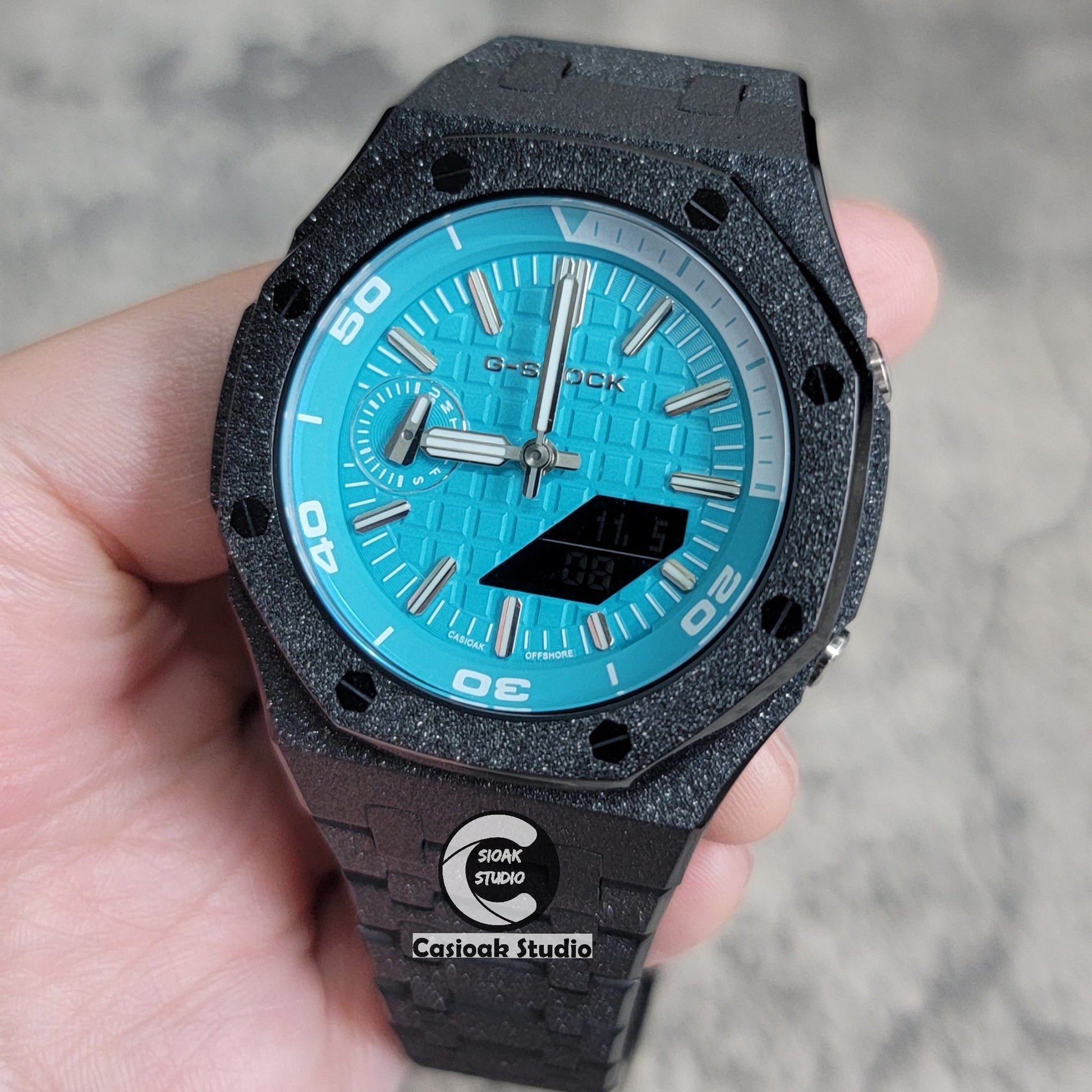 Casioak Mod Watch NEW Frosted Black Case Metal Strap Tiff Silver Time Mark Tiff Blue Dial 44mm Sapphire Glass- Casioak Mod Casio G-Shock Royal Oak Custom Mens Luxury Watches Ga2100