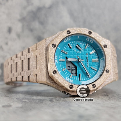 Casioak Mod Watch NEW Frosted Rose Gold Case Metal Strap Tiff Silver Time Mark Tiff Blue Dial 44mm Sapphire Glass- Casioak Mod Casio G-Shock Royal Oak Custom Mens Luxury Watches Ga2100