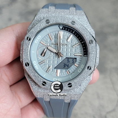 Casioak Mod Watch NEW Frosted Silver Case Gray Strap Gray Time Mark Gray Dial 44mm- Casioak Mod Casio G-Shock Royal Oak Custom Mens Luxury Watches Ga2100