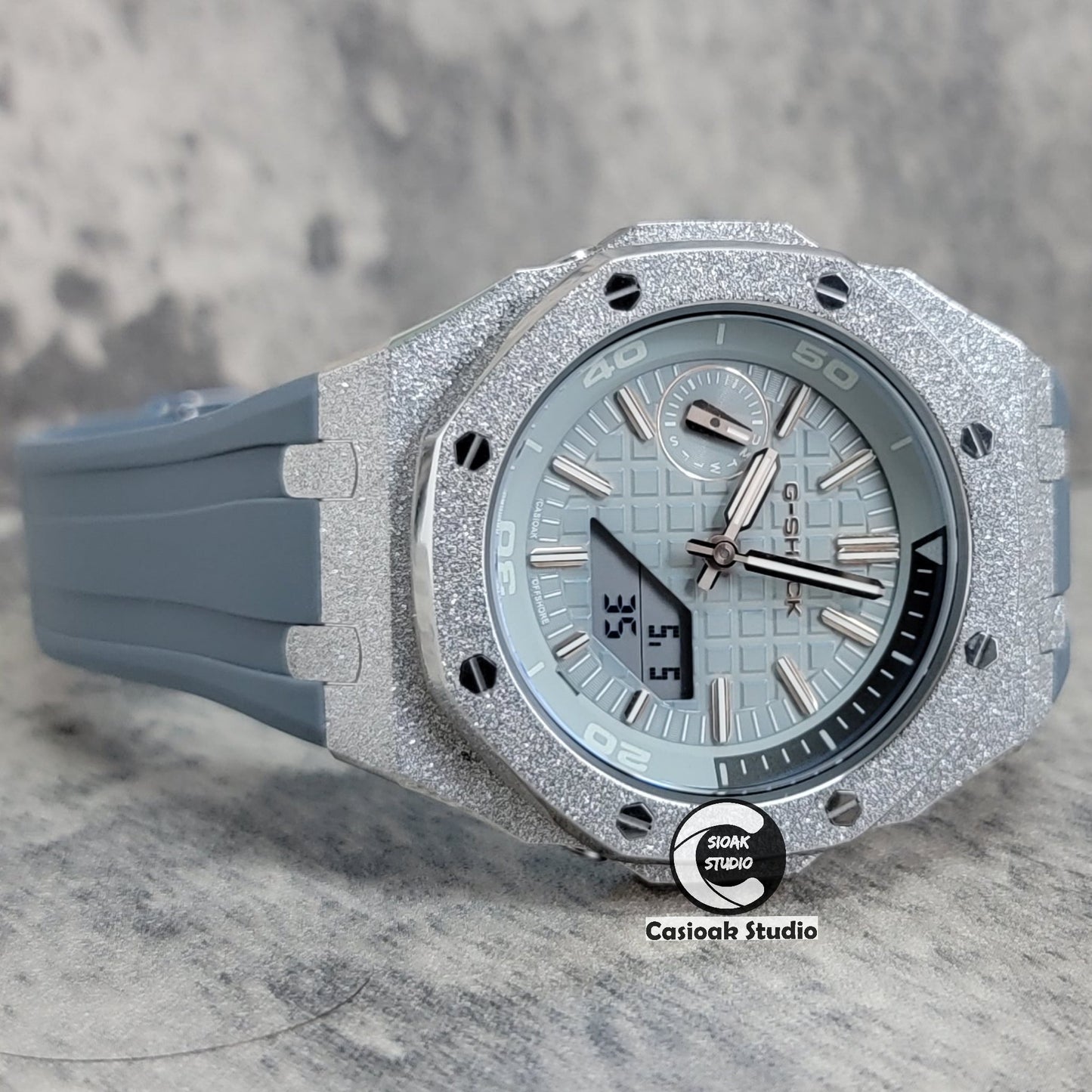 Casioak Mod Watch NEW Frosted Silver Case Gray Strap Gray Time Mark Gray Dial 44mm- Casioak Mod Casio G-Shock Royal Oak Custom Mens Luxury Watches Ga2100