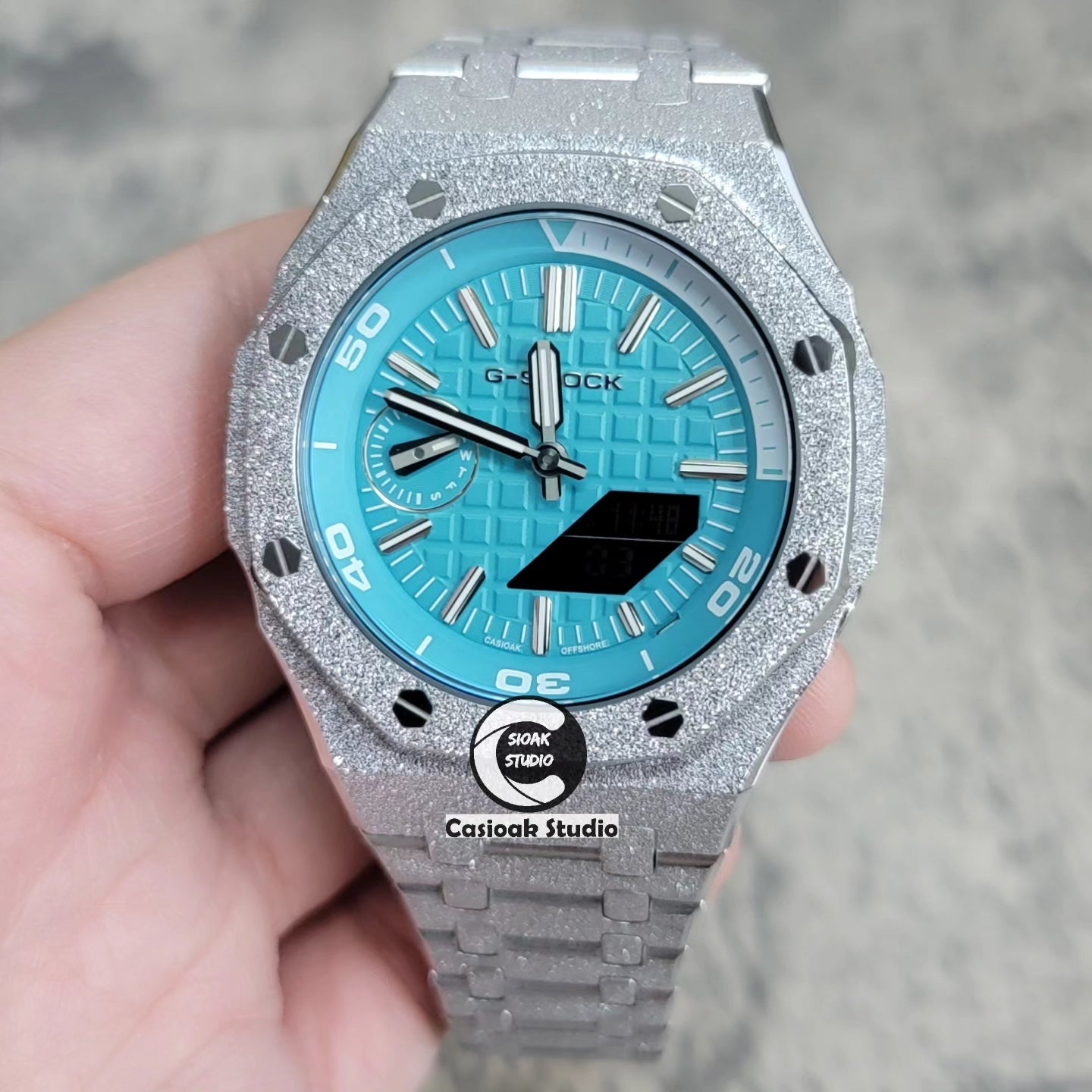 Casioak Mod Watch NEW Frosted Silver Case Metal Strap Tiff Silver Time Mark Tiff Blue Dial 44mm Sapphire Glass- Casioak Mod Casio G-Shock Royal Oak Custom Mens Luxury Watches Ga2100