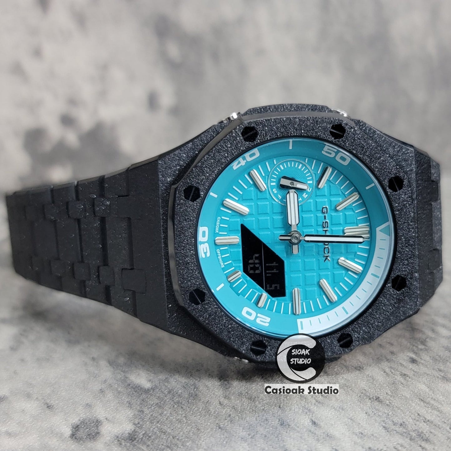 Casioak Mod Watch NEW Frosted Silver Case Metal Strap Tiff Silver Time Mark Tiff Blue Dial 44mm Sapphire Glass- Casioak Mod Casio G-Shock Royal Oak Custom Mens Luxury Watches Ga2100