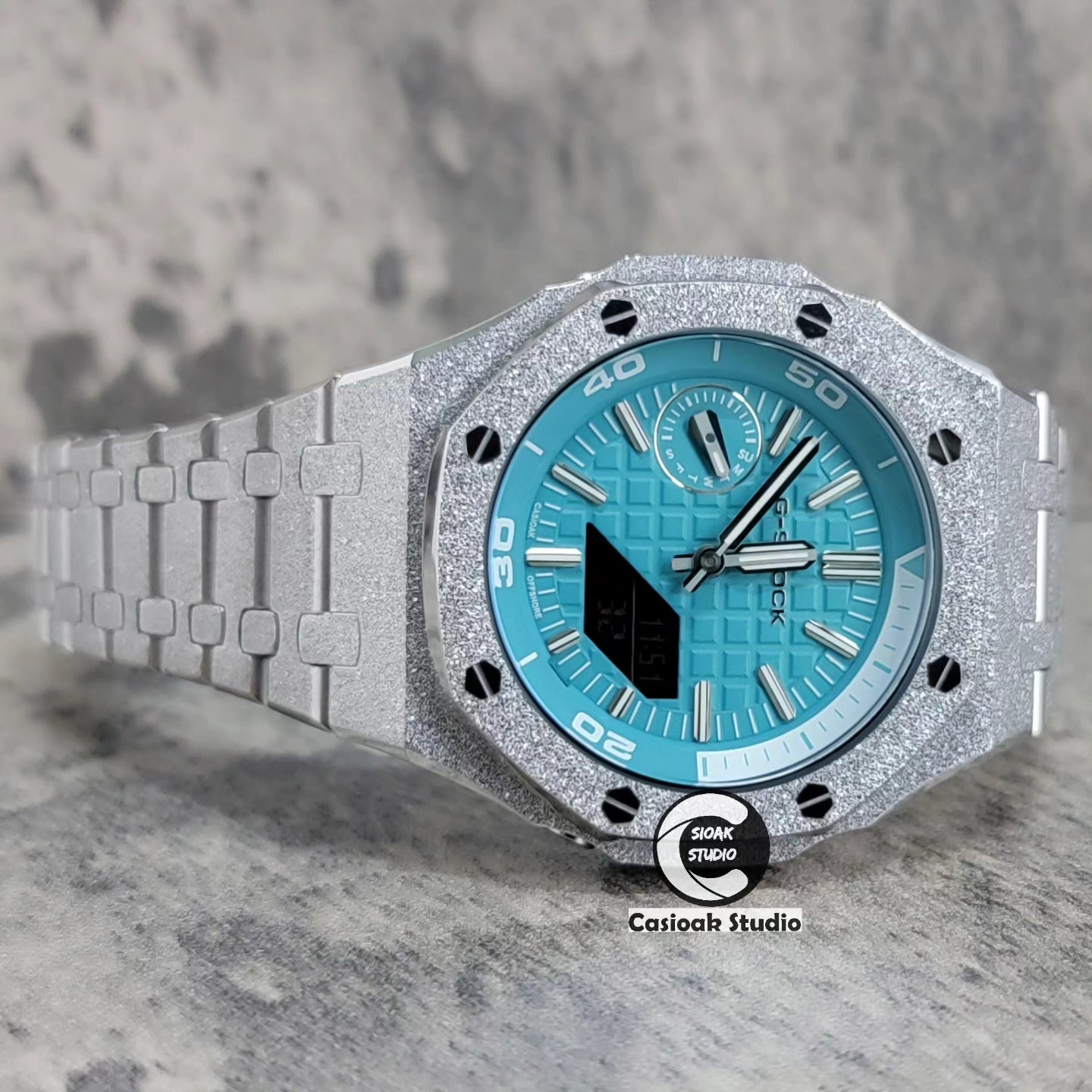 Casioak Mod Watch NEW Frosted Silver Case Metal Strap Tiff Silver Time Mark Tiff Blue Dial 44mm Sapphire Glass- Casioak Mod Casio G-Shock Royal Oak Custom Mens Luxury Watches Ga2100