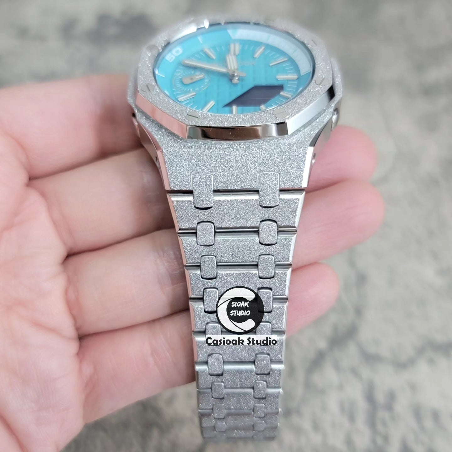 Casioak Mod Watch NEW Frosted Silver Case Metal Strap Tiff Silver Time Mark Tiff Blue Dial 44mm Sapphire Glass- Casioak Mod Casio G-Shock Royal Oak Custom Mens Luxury Watches Ga2100