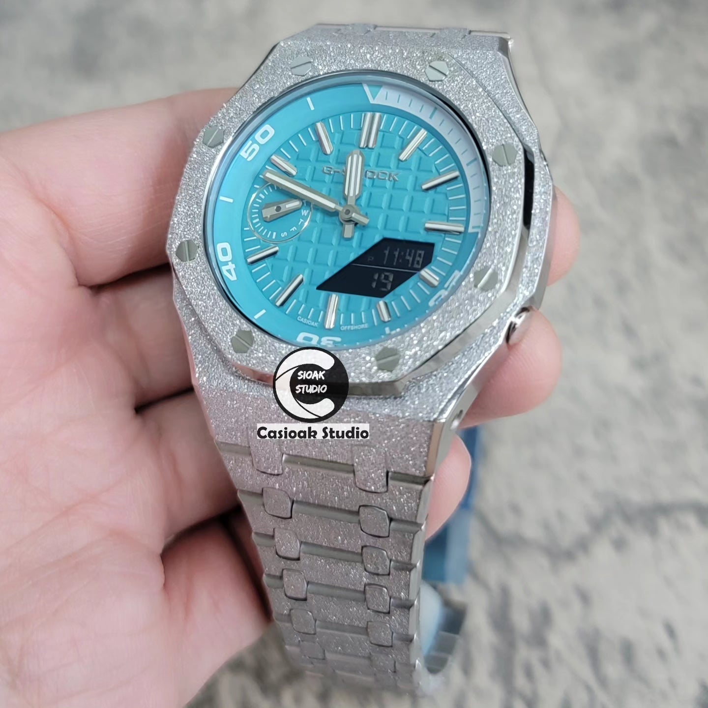 Casioak Mod Watch NEW Frosted Silver Case Metal Strap Tiff Silver Time Mark Tiff Blue Dial 44mm Sapphire Glass- Casioak Mod Casio G-Shock Royal Oak Custom Mens Luxury Watches Ga2100