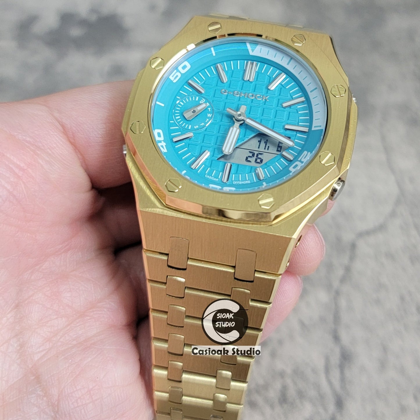 Casioak Mod Watch NEW Gold Case Metal Strap Tiff Silver Time Mark Tiff Blue Dial 44mm Sapphire Glass- Casioak Mod Casio G-Shock Royal Oak Custom Mens Luxury Watches Ga2100