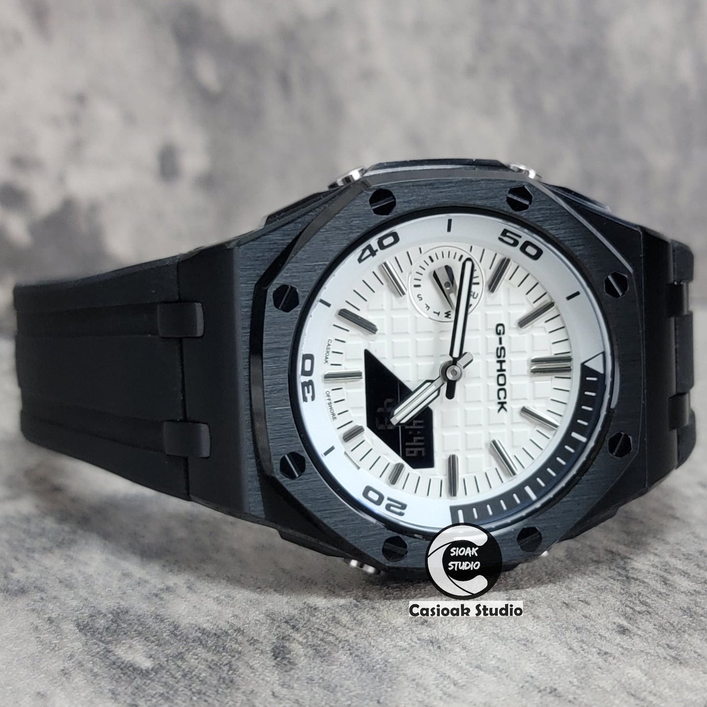 Casioak Mod Watch NEW Offshore Superior Black Case Black Rubber Strap White Time Mark White Dial 44mm Sapphire Glass- Casioak Mod Casio G-Shock Royal Oak Custom Mens Luxury Watches Ga2100