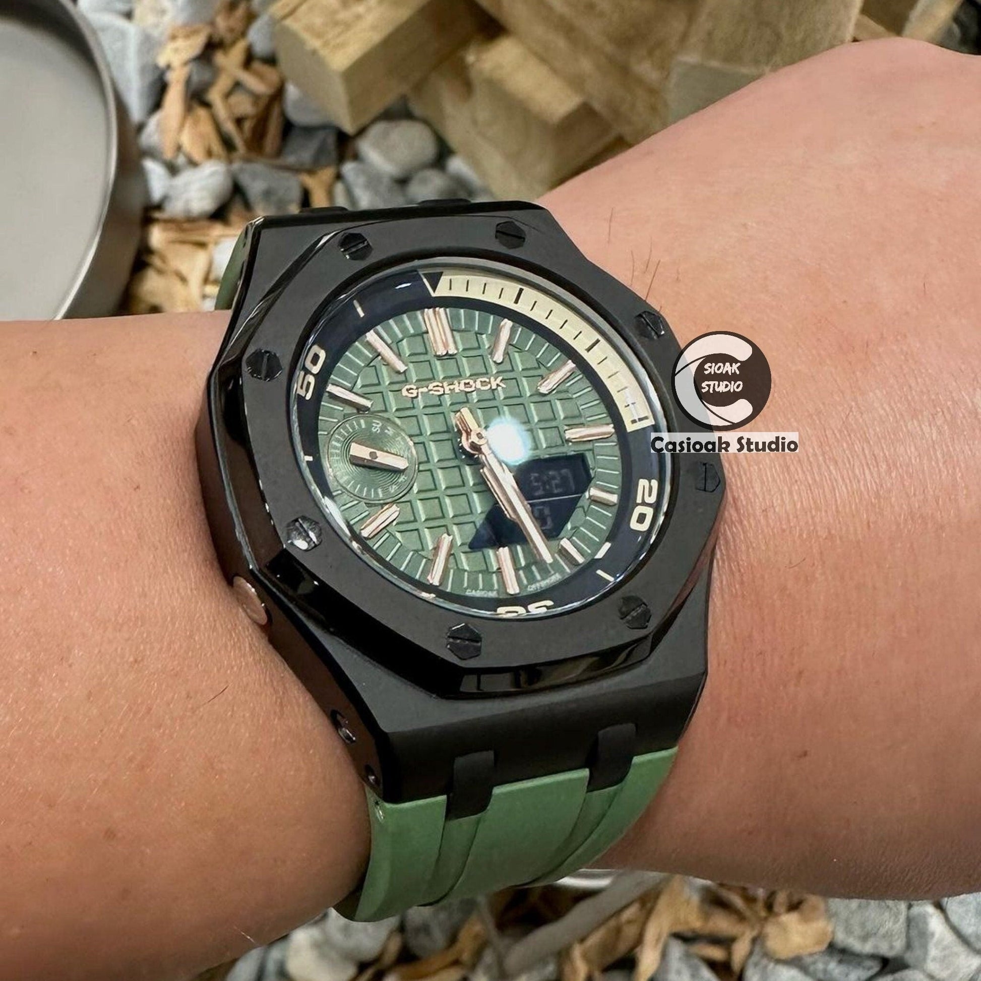 Casioak Mod Watch NEW Offshore Superior Black Case Green Rubber Strap Time Mark Olive Green Dial 44mm Sapphire Glass- Casioak Mod Casio G-Shock Royal Oak Custom Mens Luxury Watches Ga2100