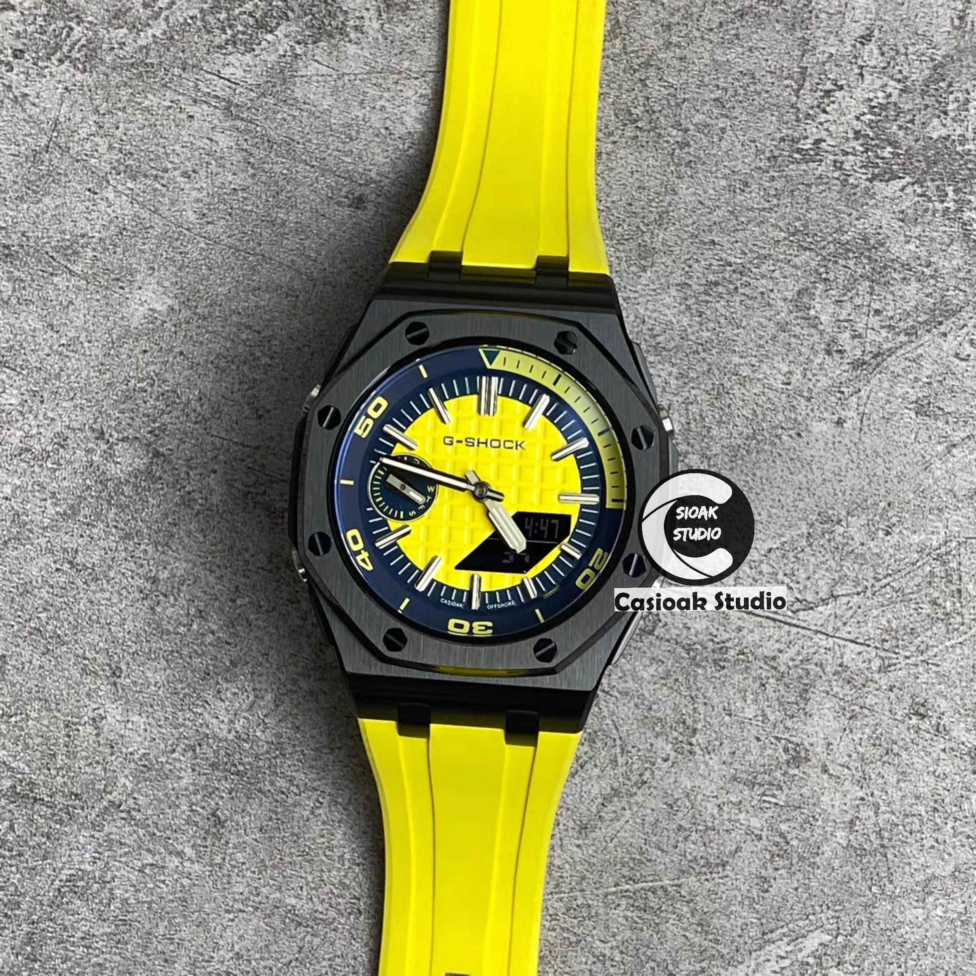 Casioak Mod Watch NEW Offshore Superior Black Case Yellow Rubber Strap Silver Time Mark Yellow Dial 44mm Sapphire Glass- Casioak Mod Casio G-Shock Royal Oak Custom Mens Luxury Watches Ga2100