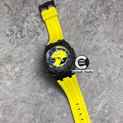 Casioak Mod Watch NEW Offshore Superior Black Case Yellow Rubber Strap Silver Time Mark Yellow Dial 44mm Sapphire Glass- Casioak Mod Casio G-Shock Royal Oak Custom Mens Luxury Watches Ga2100