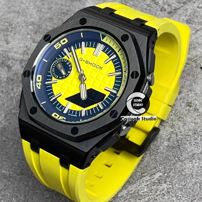 Casioak Mod Watch NEW Offshore Superior Black Case Yellow Rubber Strap Silver Time Mark Yellow Dial 44mm Sapphire Glass- Casioak Mod Casio G-Shock Royal Oak Custom Mens Luxury Watches Ga2100