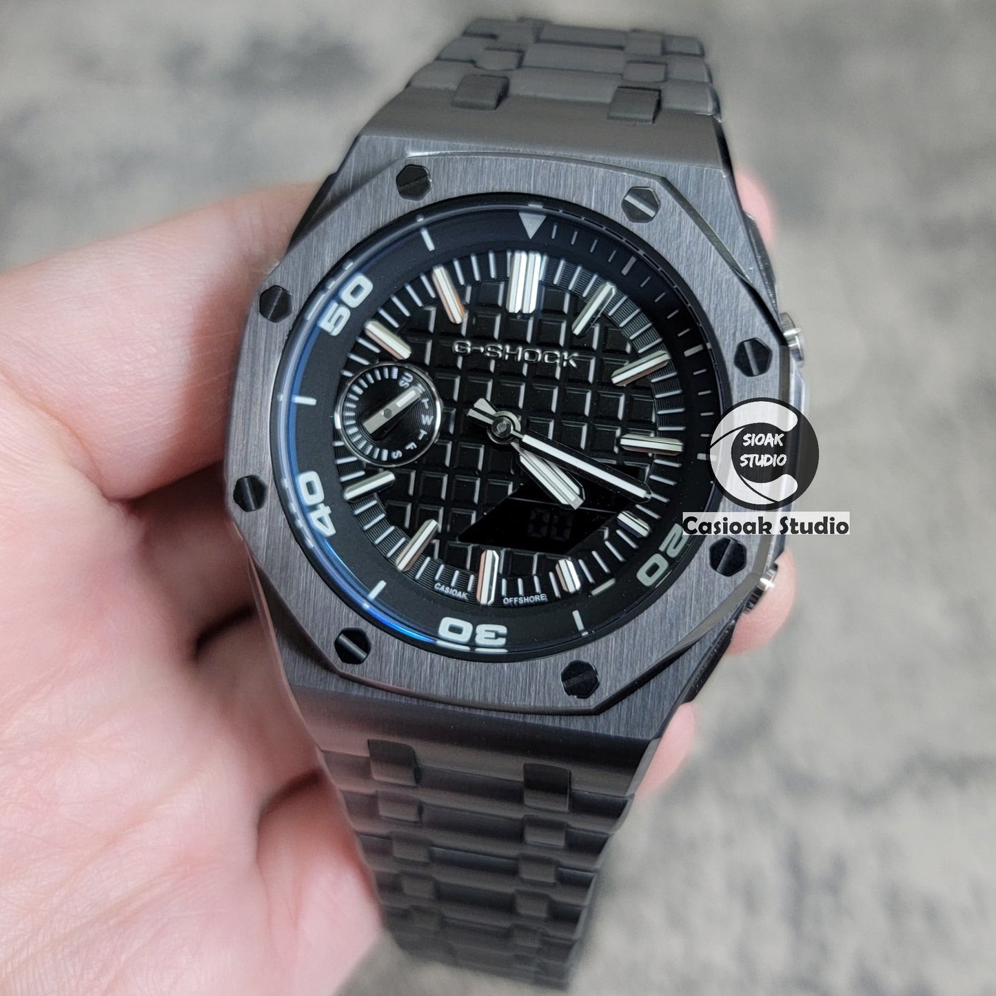 Casioak Mod Watch NEW Offshore Superior Gray Case Metal Strap Black Time Mark Black Dial 44mm Sapphire Crystal Sapphire Glass- Casioak Mod Casio G-Shock Royal Oak Custom Mens Luxury Watches Ga2100