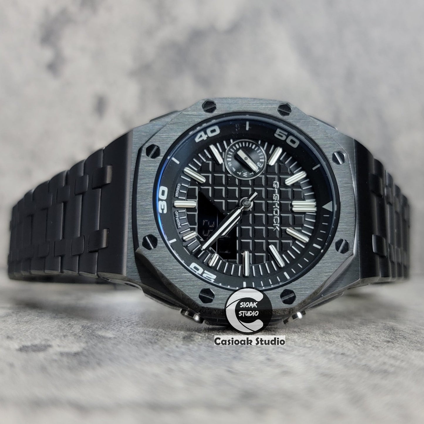 Casioak Mod Watch NEW Offshore Superior Gray Case Metal Strap Black Time Mark Black Dial 44mm Sapphire Crystal Sapphire Glass- Casioak Mod Casio G-Shock Royal Oak Custom Mens Luxury Watches Ga2100