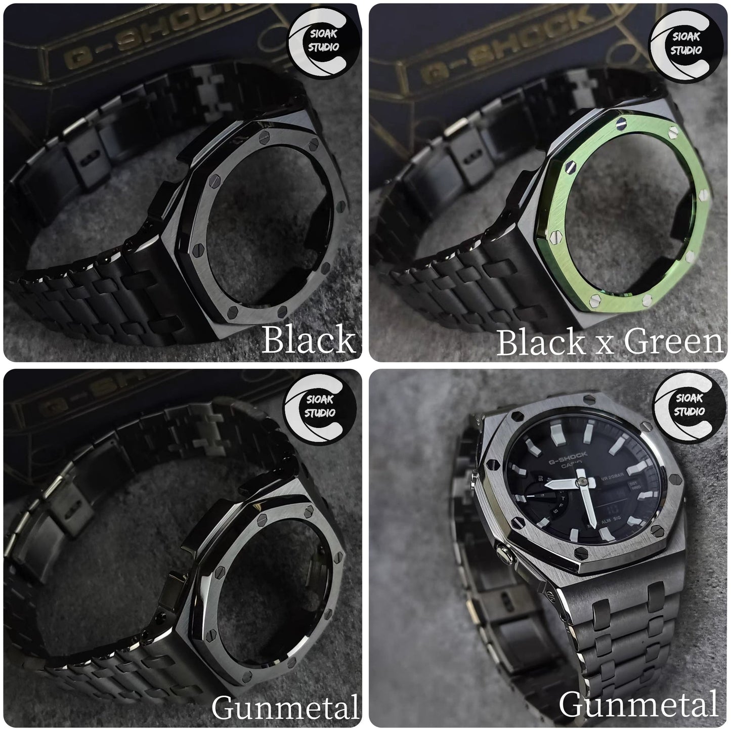 Casioak Mod Watch NEW Offshore Superior Gray Case Metal Strap Black Time Mark Black Dial 44mm Sapphire Crystal Sapphire Glass- Casioak Mod Casio G-Shock Royal Oak Custom Mens Luxury Watches Ga2100