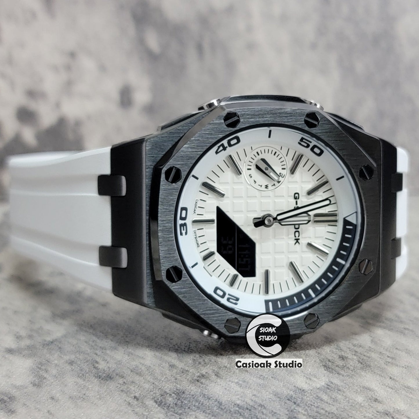 Casioak Mod Watch NEW Offshore Superior Gray Case White Rubber Strap White Time Mark White Dial 44mm- Casioak Mod Casio G-Shock Royal Oak Custom Mens Luxury Watches Ga2100