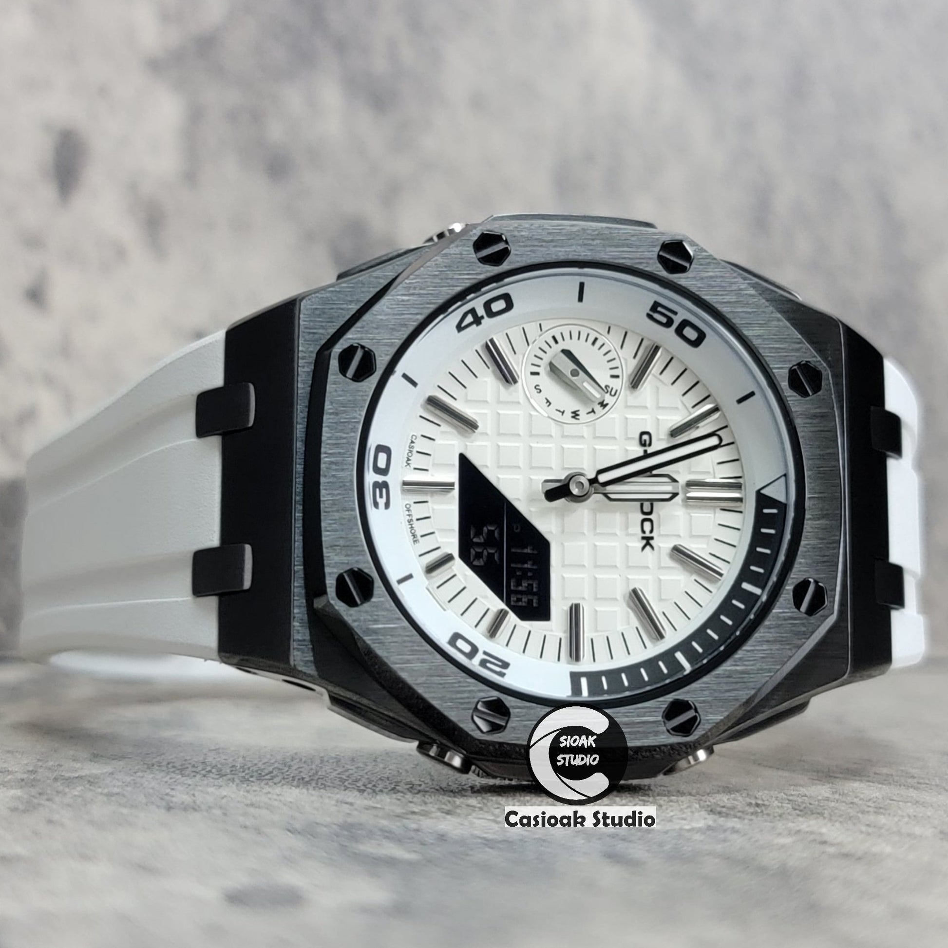 Casioak Mod Watch NEW Offshore Superior Gray Case White Rubber Strap White Time Mark White Dial 44mm- Casioak Mod Casio G-Shock Royal Oak Custom Mens Luxury Watches Ga2100