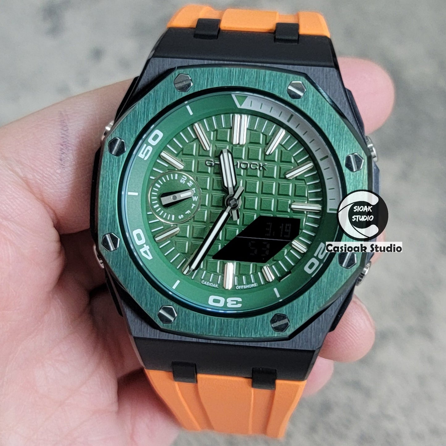 Casioak Mod Watch NEW Offshore Superior Green Black Case Orange Rubber Strap Green Time Mark Green Dial 44mm Sapphire Glass- Casioak Mod Casio G-Shock Royal Oak Custom Mens Luxury Watches Ga2100