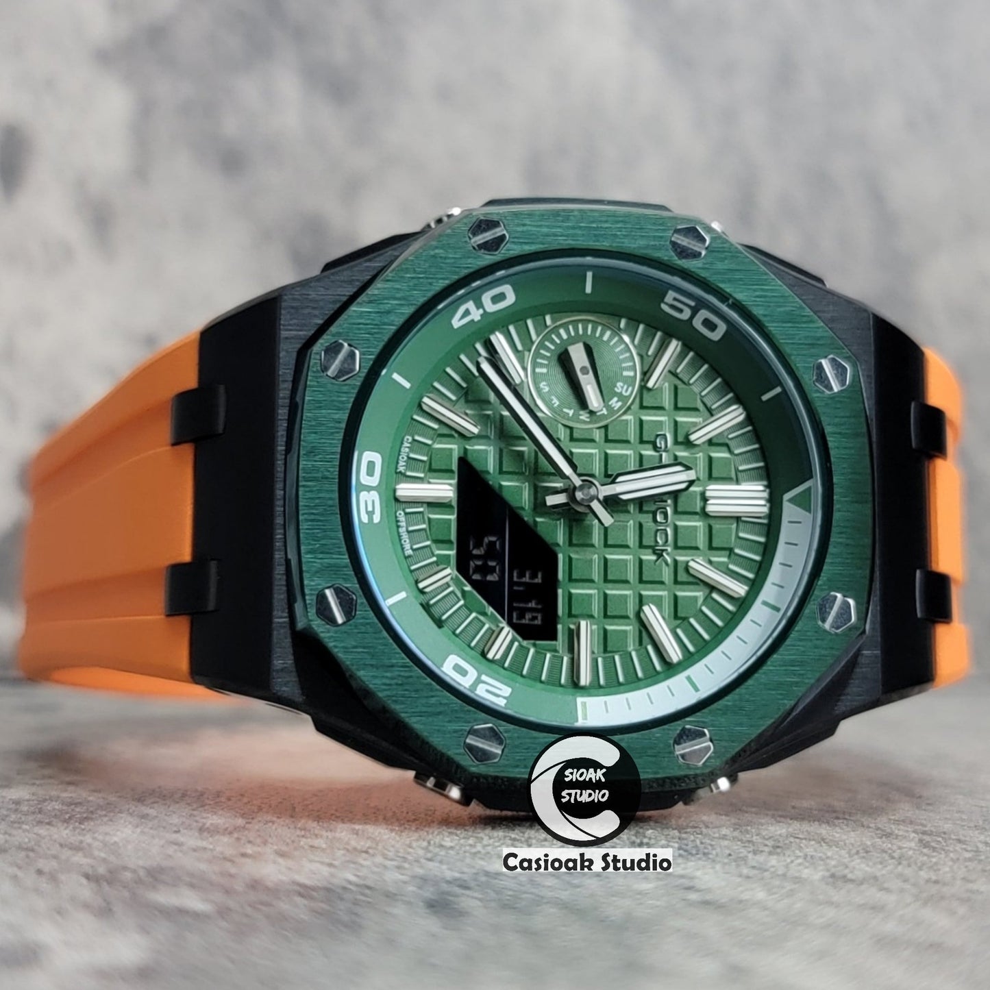 Casioak Mod Watch NEW Offshore Superior Green Black Case Orange Rubber Strap Green Time Mark Green Dial 44mm Sapphire Glass- Casioak Mod Casio G-Shock Royal Oak Custom Mens Luxury Watches Ga2100