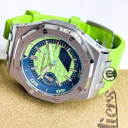 Casioak Mod Watch NEW Offshore Superior Silver Case Green Rubber Strap Blue Green Time Mark Green Dial 44mm Sapphire Glass- Casioak Mod Casio G-Shock Royal Oak Custom Mens Luxury Watches Ga2100