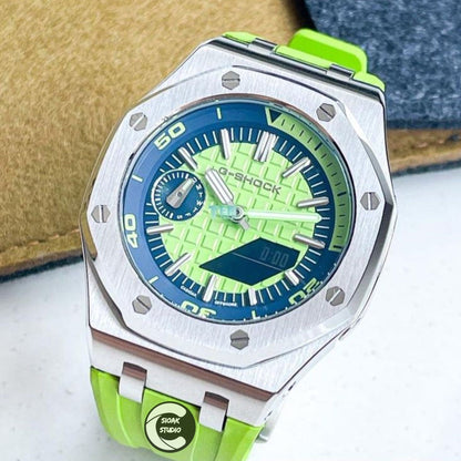 Casioak Mod Watch NEW Offshore Superior Silver Case Green Rubber Strap Blue Green Time Mark Green Dial 44mm Sapphire Glass- Casioak Mod Casio G-Shock Royal Oak Custom Mens Luxury Watches Ga2100