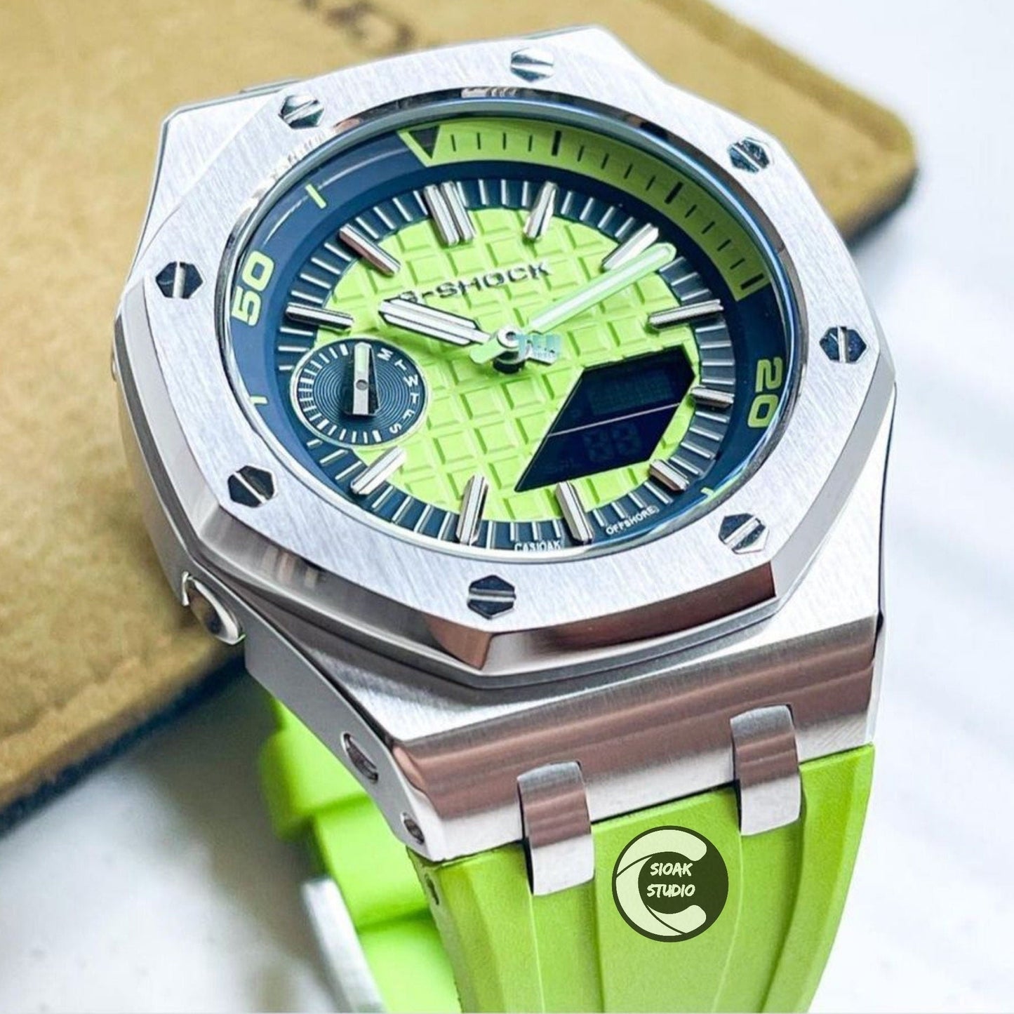 Casioak Mod Watch NEW Offshore Superior Silver Case Green Rubber Strap Blue Green Time Mark Green Dial 44mm Sapphire Glass- Casioak Mod Casio G-Shock Royal Oak Custom Mens Luxury Watches Ga2100