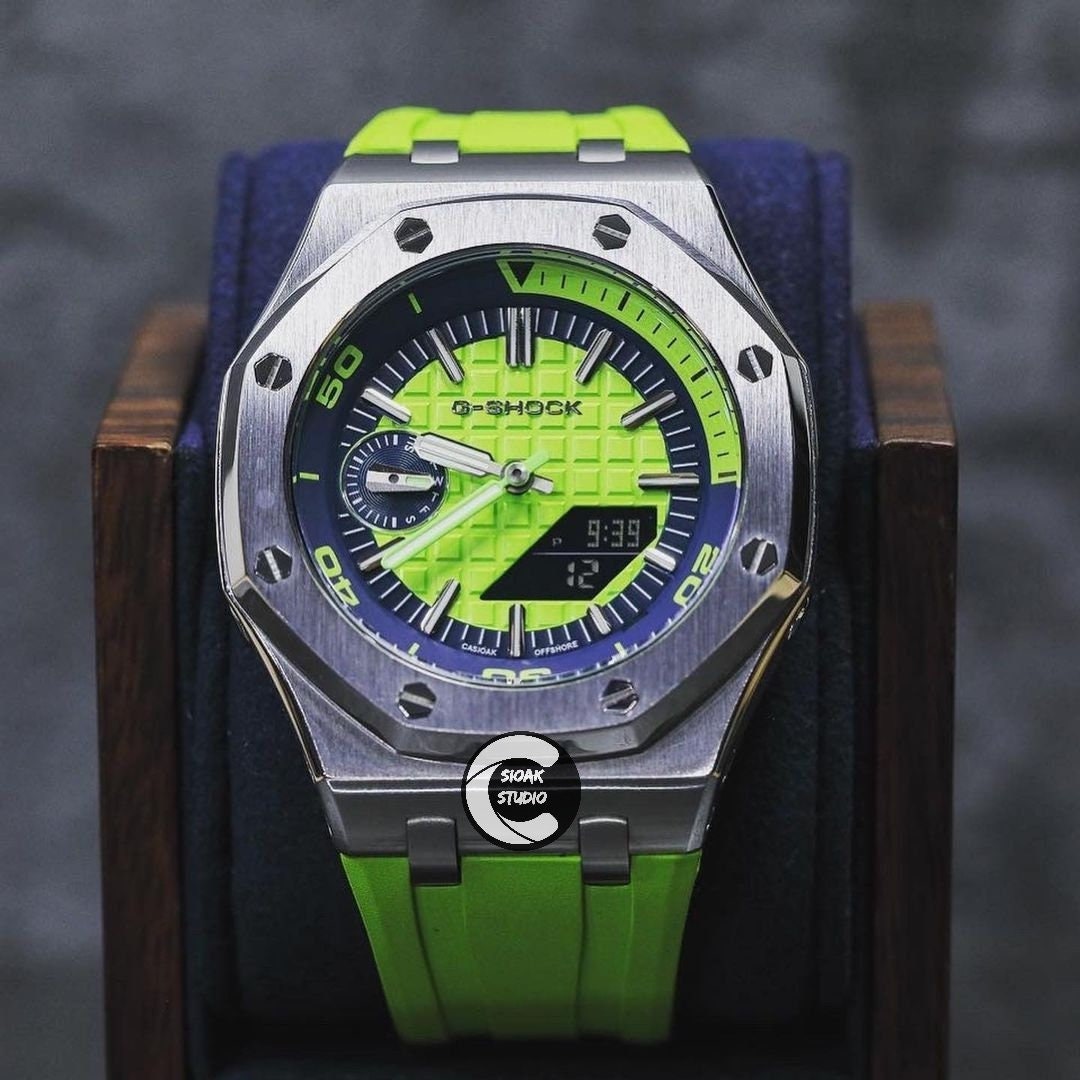 Casioak Mod Watch NEW Offshore Superior Silver Case Green Rubber Strap Blue Green Time Mark Green Dial 44mm Sapphire Glass- Casioak Mod Casio G-Shock Royal Oak Custom Mens Luxury Watches Ga2100