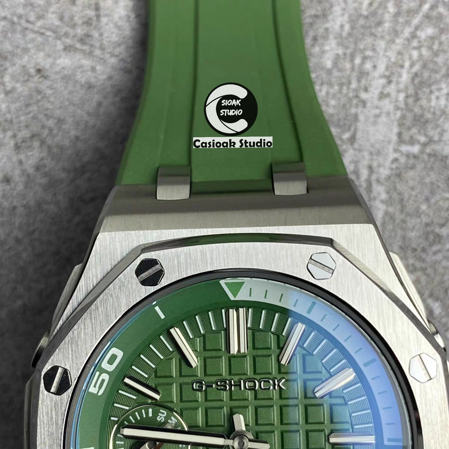 Casioak Mod Watch NEW Offshore Superior Silver Case Metal Strap Green Dial 44mm Sapphire Glass- Casioak Mod Casio G-Shock Royal Oak Custom Mens Luxury Watches Ga2100