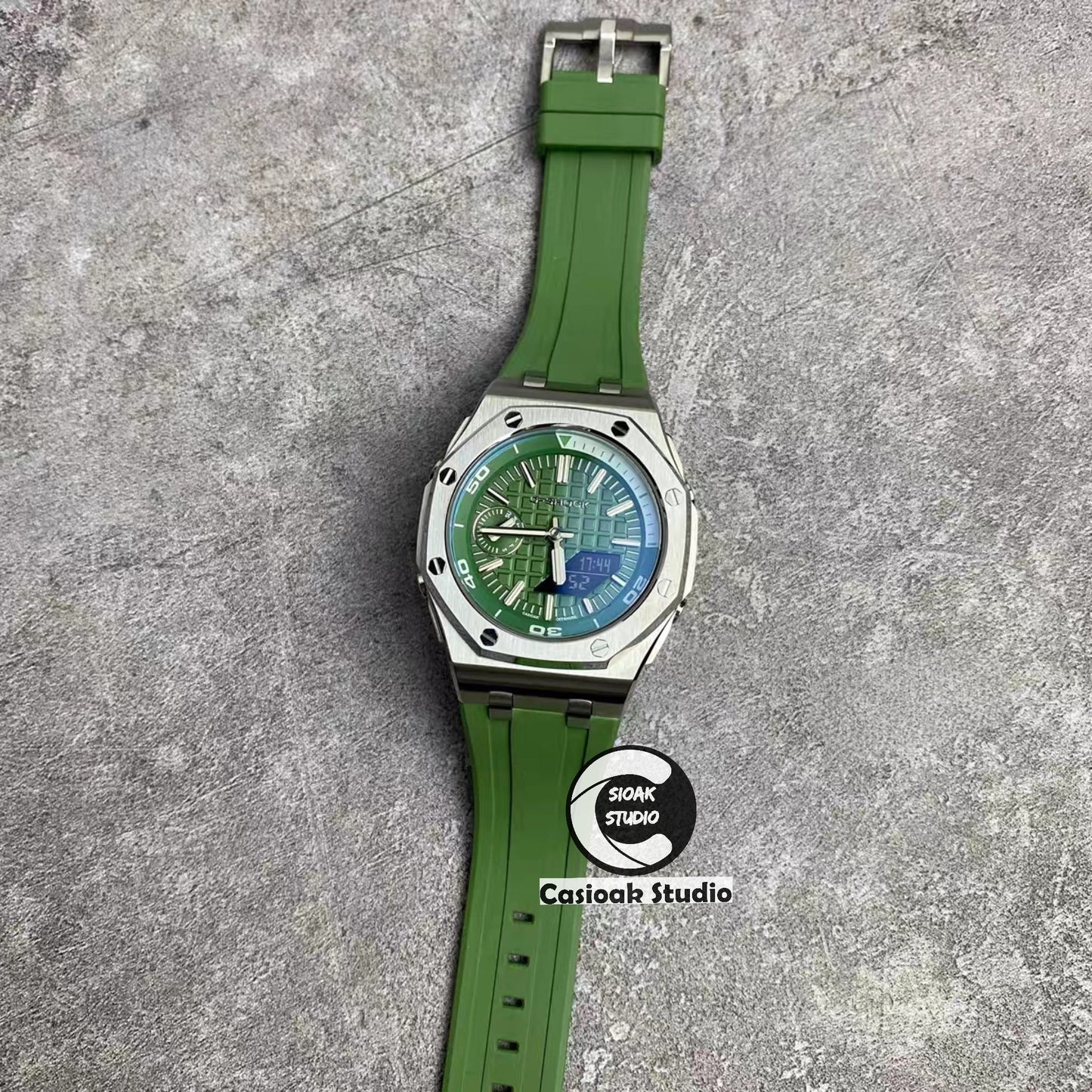 Casioak Mod Watch NEW Offshore Superior Silver Case Metal Strap Green Dial 44mm Sapphire Glass- Casioak Mod Casio G-Shock Royal Oak Custom Mens Luxury Watches Ga2100