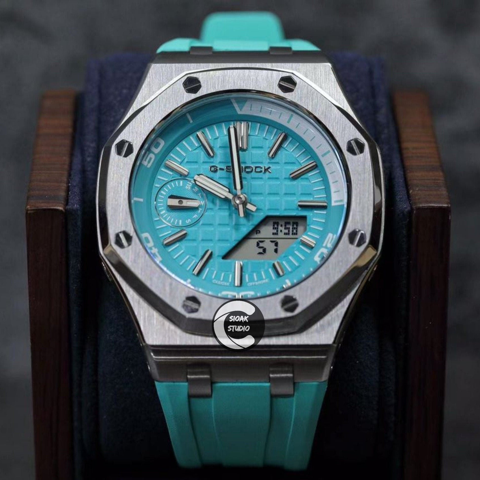 Casioak Mod Watch NEW Offshore Superior Silver Case Tiff Rubber Strap Tiff Time Mark Tiff Blue Dial 44mm Sapphire Glass- Casioak Mod Casio G-Shock Royal Oak Custom Mens Luxury Watches Ga2100