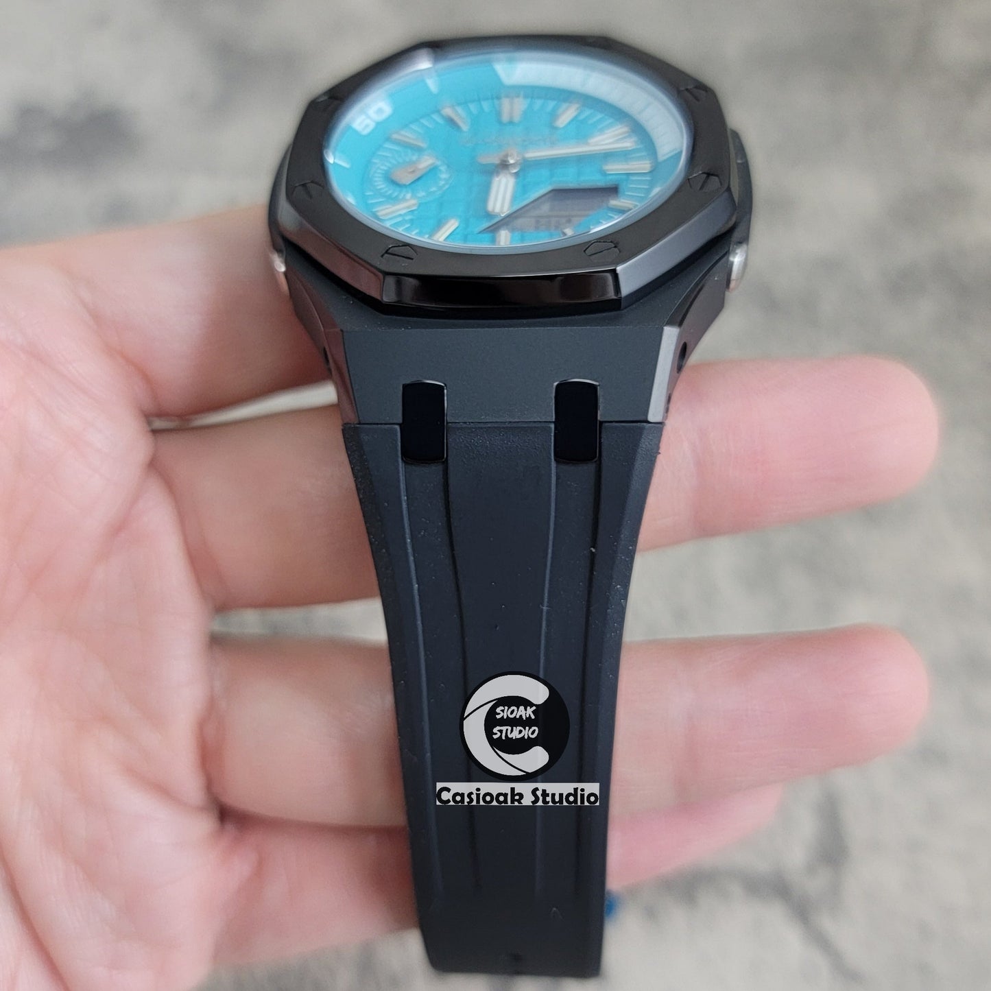 Casioak Mod Watch NEW Polished Black Case Black Strap Silver Time Mark Tiff Blue Dial 44mm Sapphire Glass- Casioak Mod Casio G-Shock Royal Oak Custom Mens Luxury Watches Ga2100