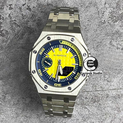 Casioak Mod Watch NEW Silver Case Metal Strap Silver Time Mark Yellow Dial 44mm Sapphire Glass- Casioak Mod Casio G-Shock Royal Oak Custom Mens Luxury Watches Ga2100