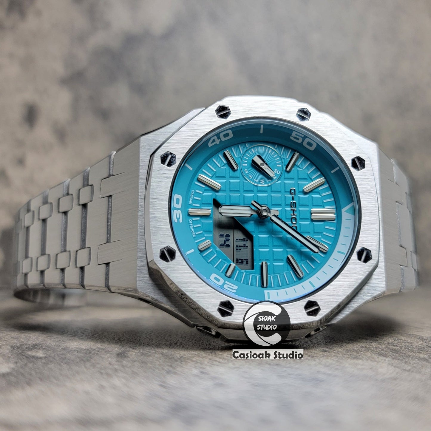 Casioak Mod Watch NEW Silver Case Metal Strap Tiff Silver Time Mark Tiff Blue Dial 44mm Sapphire Glass- Casioak Mod Casio G-Shock Royal Oak Custom Mens Luxury Watches Ga2100