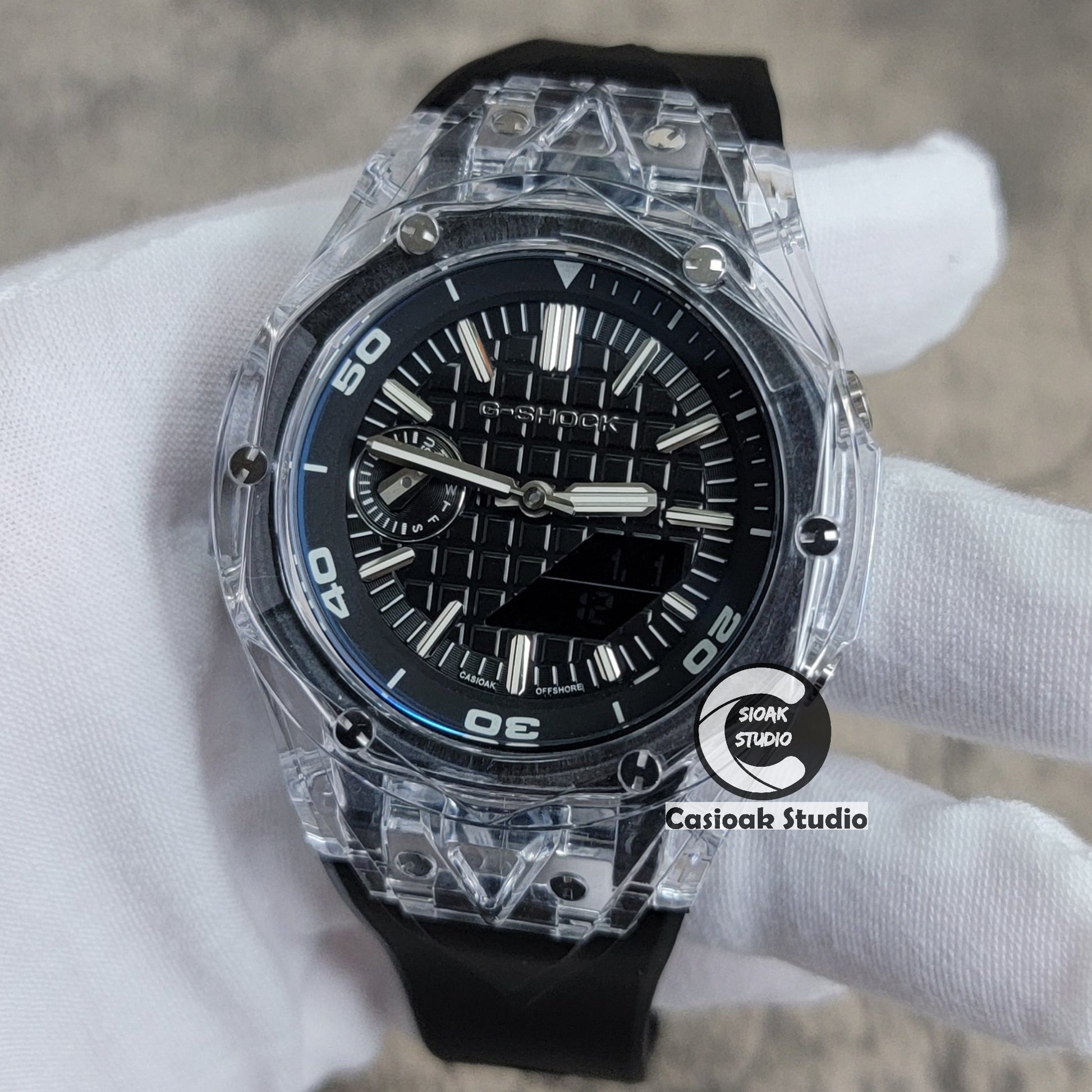 Casioak Mod Watch NEW Transparent Case Black Strap Silver Time Mark Black Dial 44mm- Casioak Mod Casio G-Shock Royal Oak Custom Mens Luxury Watches Ga2100