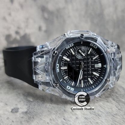 Casioak Mod Watch NEW Transparent Case Black Strap Silver Time Mark Black Dial 44mm- Casioak Mod Casio G-Shock Royal Oak Custom Mens Luxury Watches Ga2100