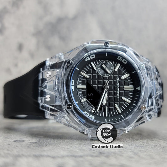 Casioak Mod Watch NEW Transparent Case Black Strap Silver Time Mark Black Dial 44mm- Casioak Mod Casio G-Shock Royal Oak Custom Mens Luxury Watches Ga2100