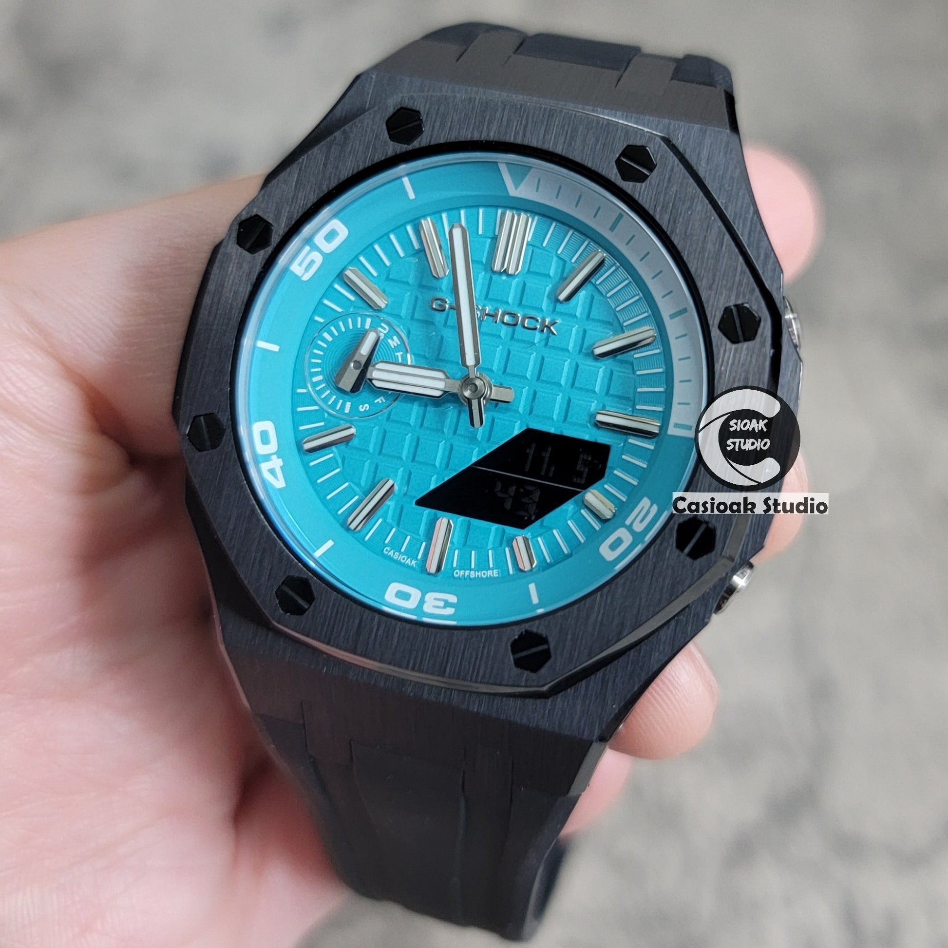 Casioak Mod Watch New Black Case Black Rubber Strap Silver Time Mark Tiff Blue Dial 44mm Sapphire Glass- Casioak Mod Casio G-Shock Royal Oak Custom Mens Luxury Watches Ga2100