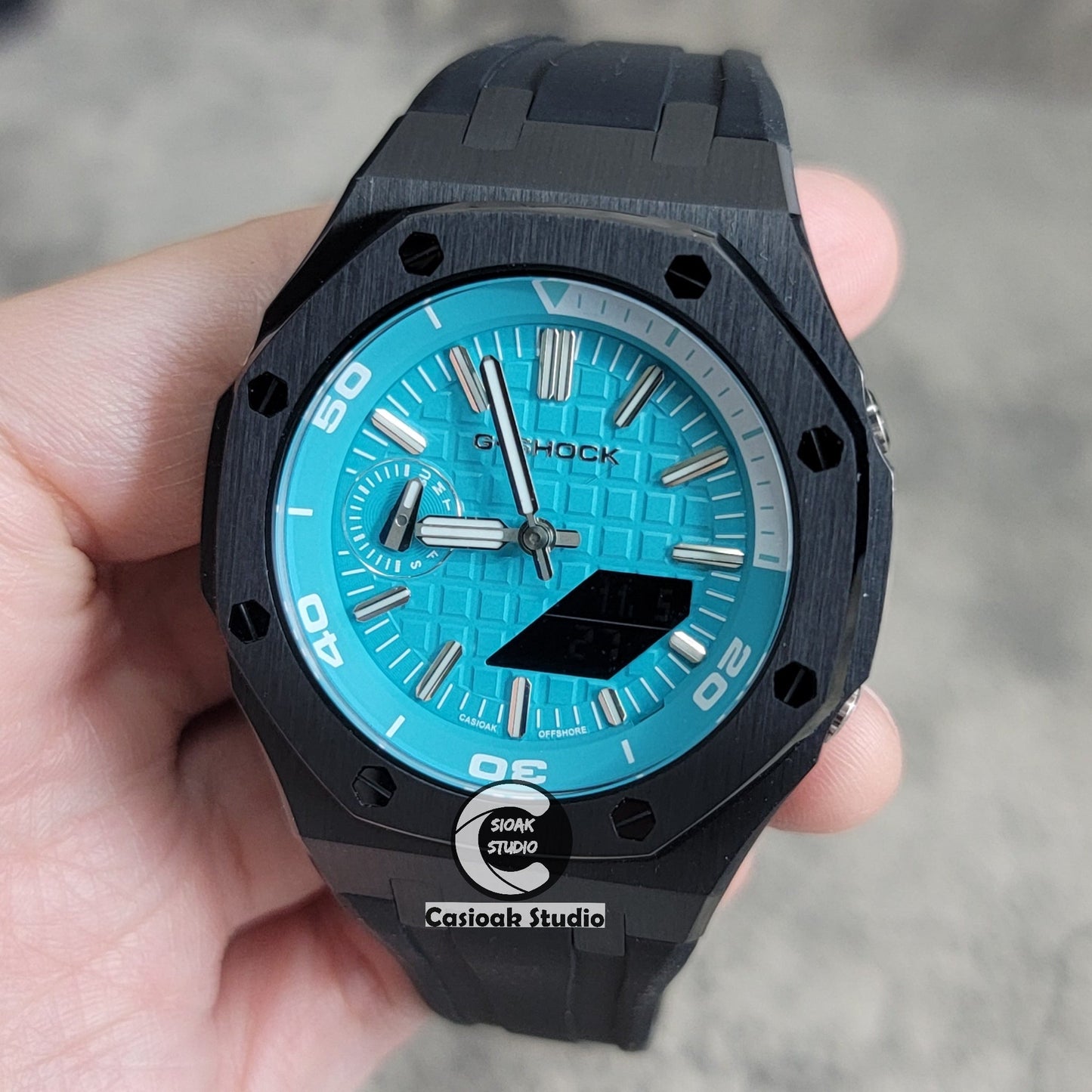 Casioak Mod Watch New Black Case Black Rubber Strap Silver Time Mark Tiff Blue Dial 44mm Sapphire Glass- Casioak Mod Casio G-Shock Royal Oak Custom Mens Luxury Watches Ga2100