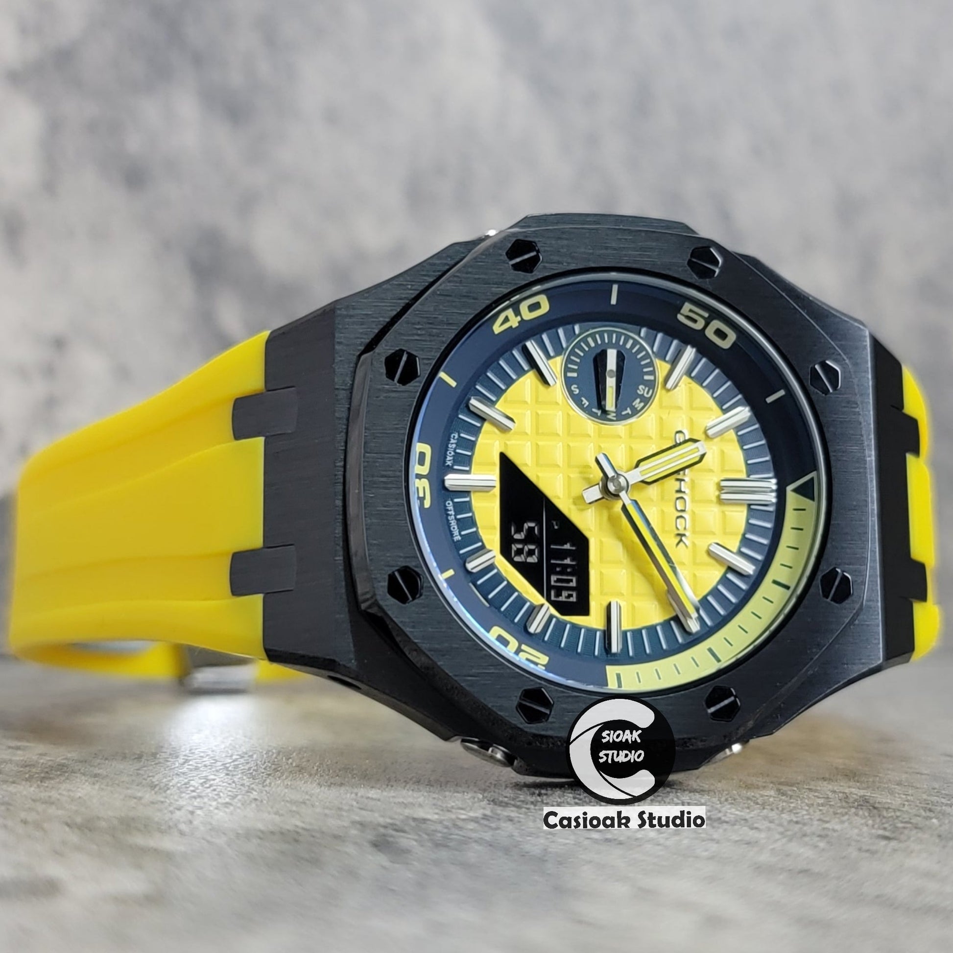 Casioak Mod Watch New Black Case Yellow Rubber Strap Blue Yellow Time Mark Yellow Waffle Dial 44mm Sapphire Glass- Casioak Mod Casio G-Shock Royal Oak Custom Mens Luxury Watches Ga2100